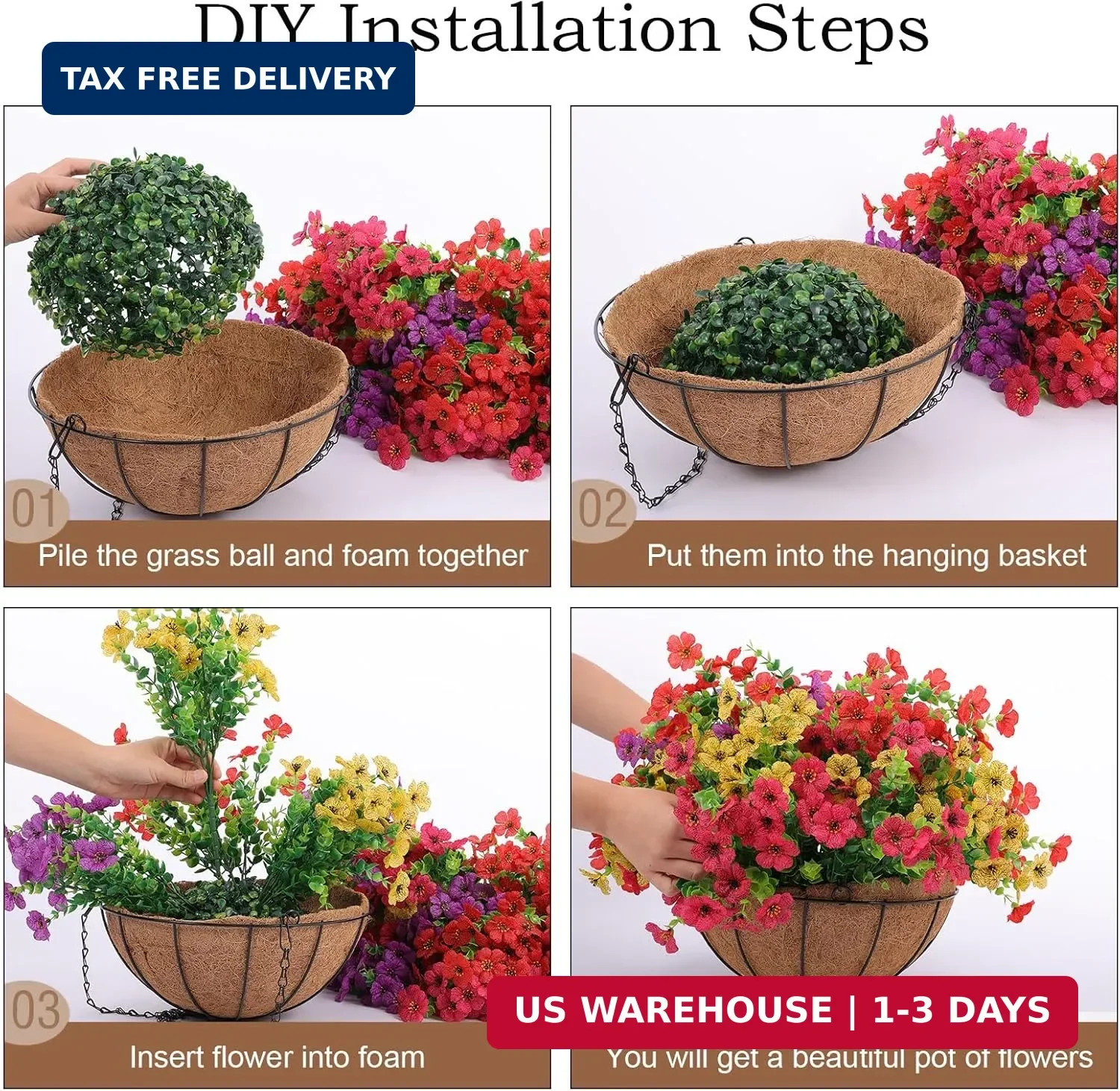 Hananona 2 Set Artificial Outdoor Flowers with Hanging Basket, 2 Hanging Planter