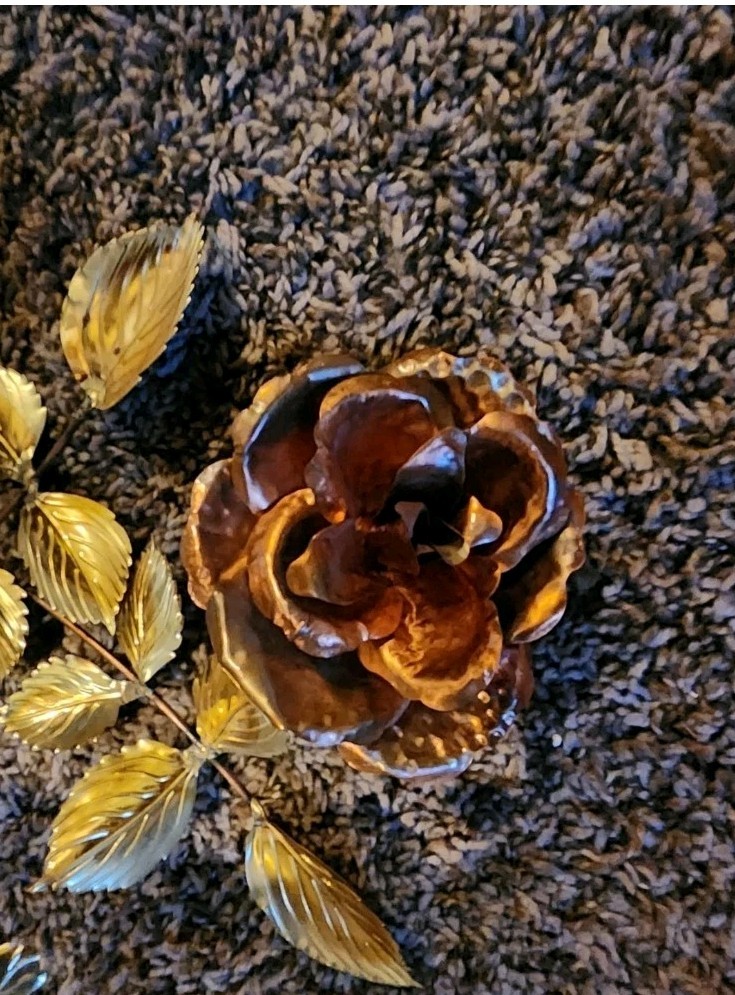 Vintage 3 Piece Set Of Brass Leaf And Copper Rose Long Stem 14″ Floral Wall Art