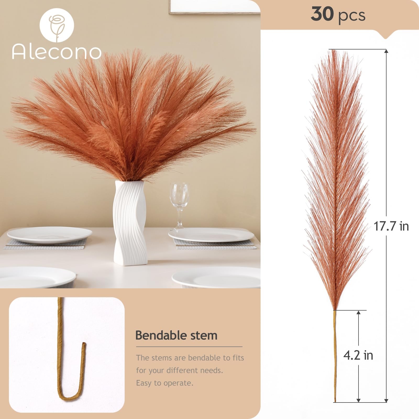 30Pcs Pampas Grass Decor 17.7 Inch, Artificial Faux Fall Orange Pampas for Fl…