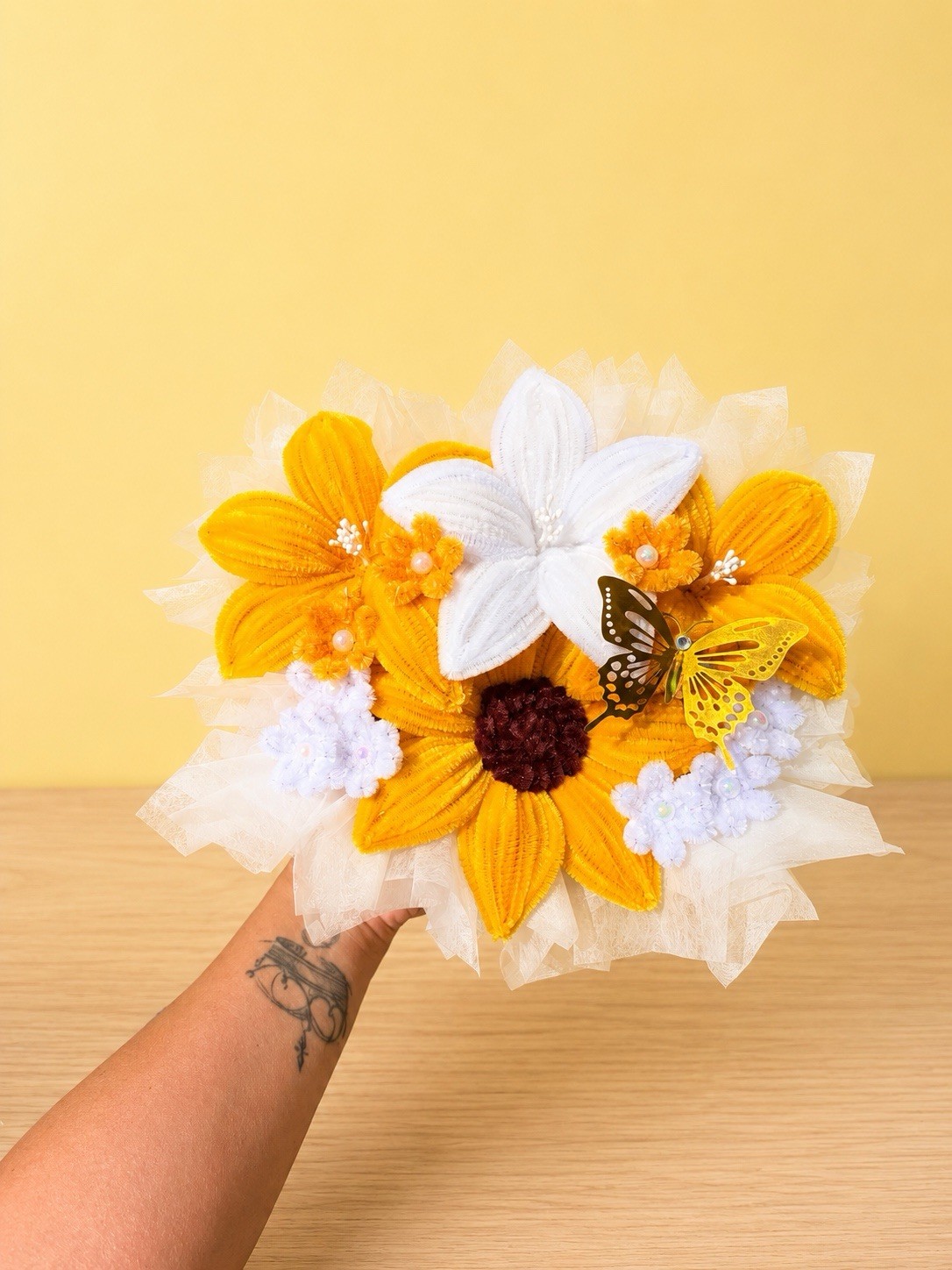 Handmade Sunflower Yarn Flower Arrangement In Gift Box Knitted Crochet Flowers