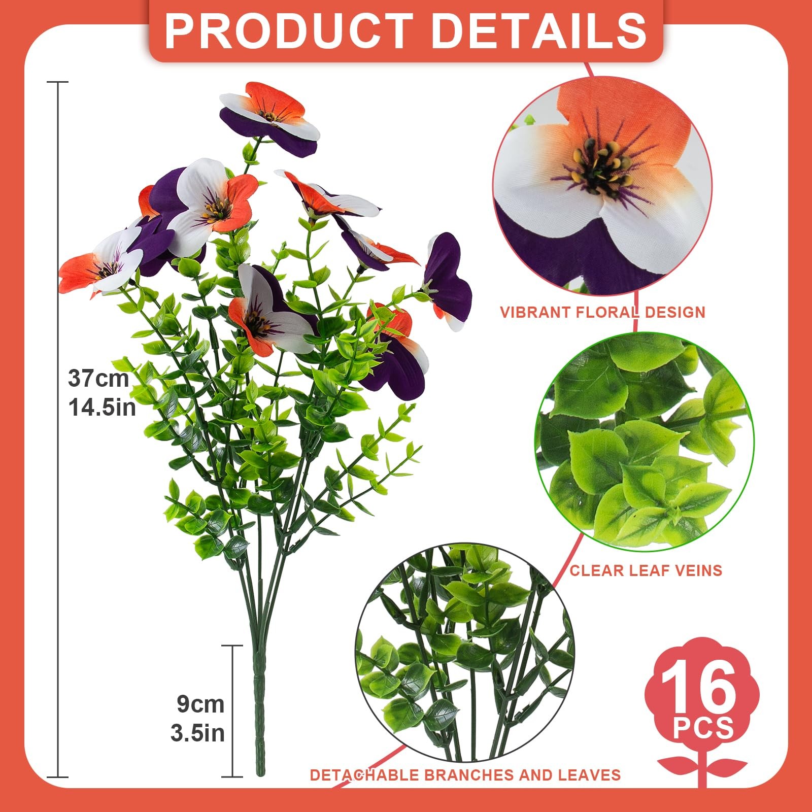 16 Pcs Artificial Pansy Flowers for Outdoor Faux Silk Spring Flowers for Outs…