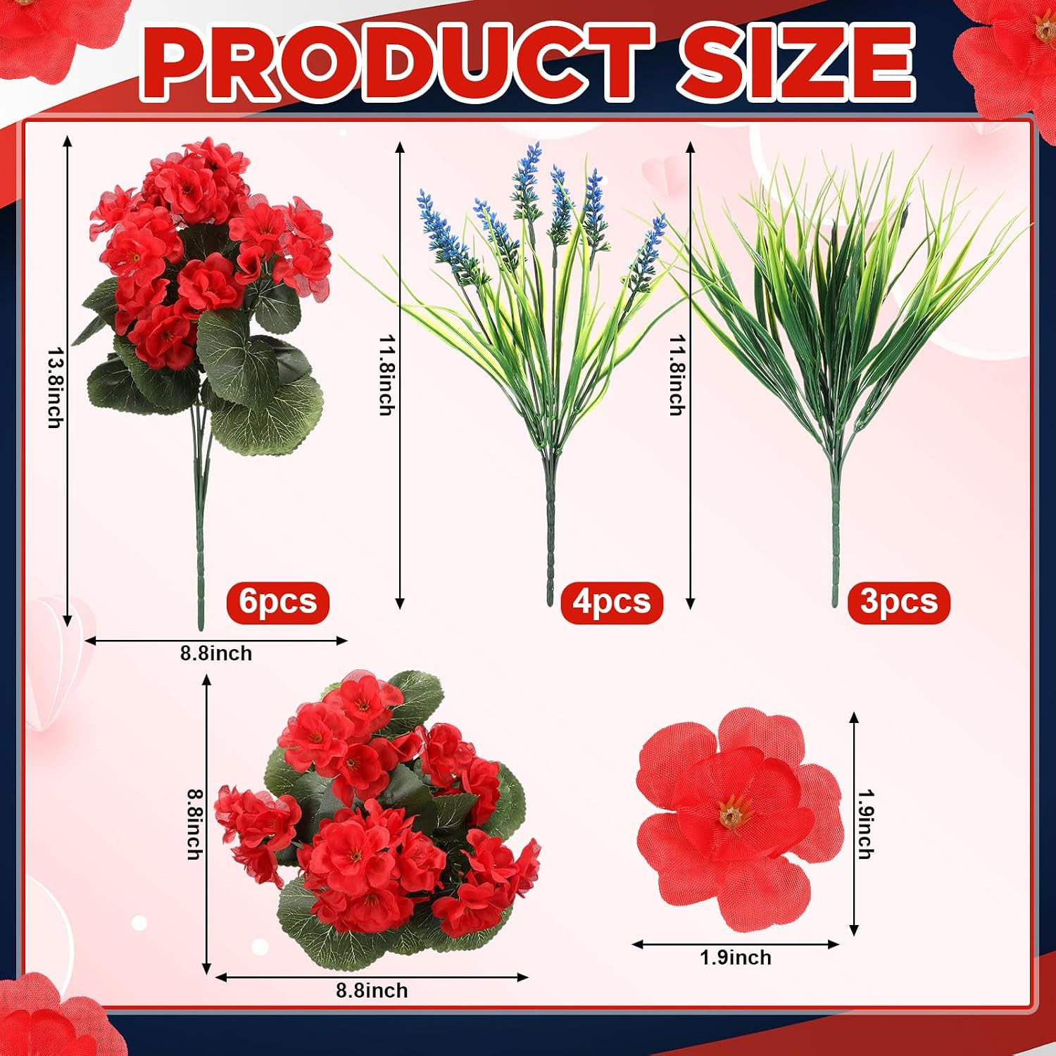 Realistic 13 Pcs Red Geraniums & Grass for Outdoor Home Garden Decor
