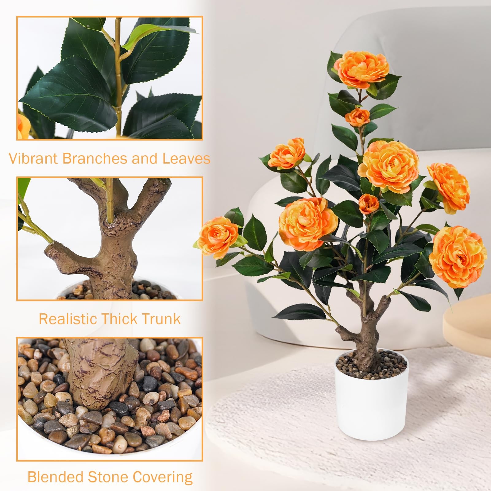 Artificial Camellia Tree 2FT, Orange Faux Tabletop Tree