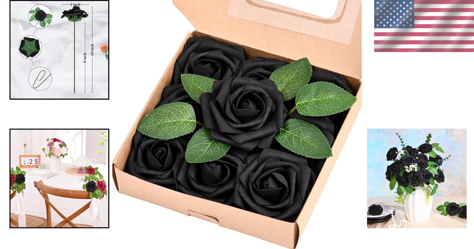 9 Pcs Black Foam Roses Artificial Flowers Real Touch Wedding Bouquet Centerpiece