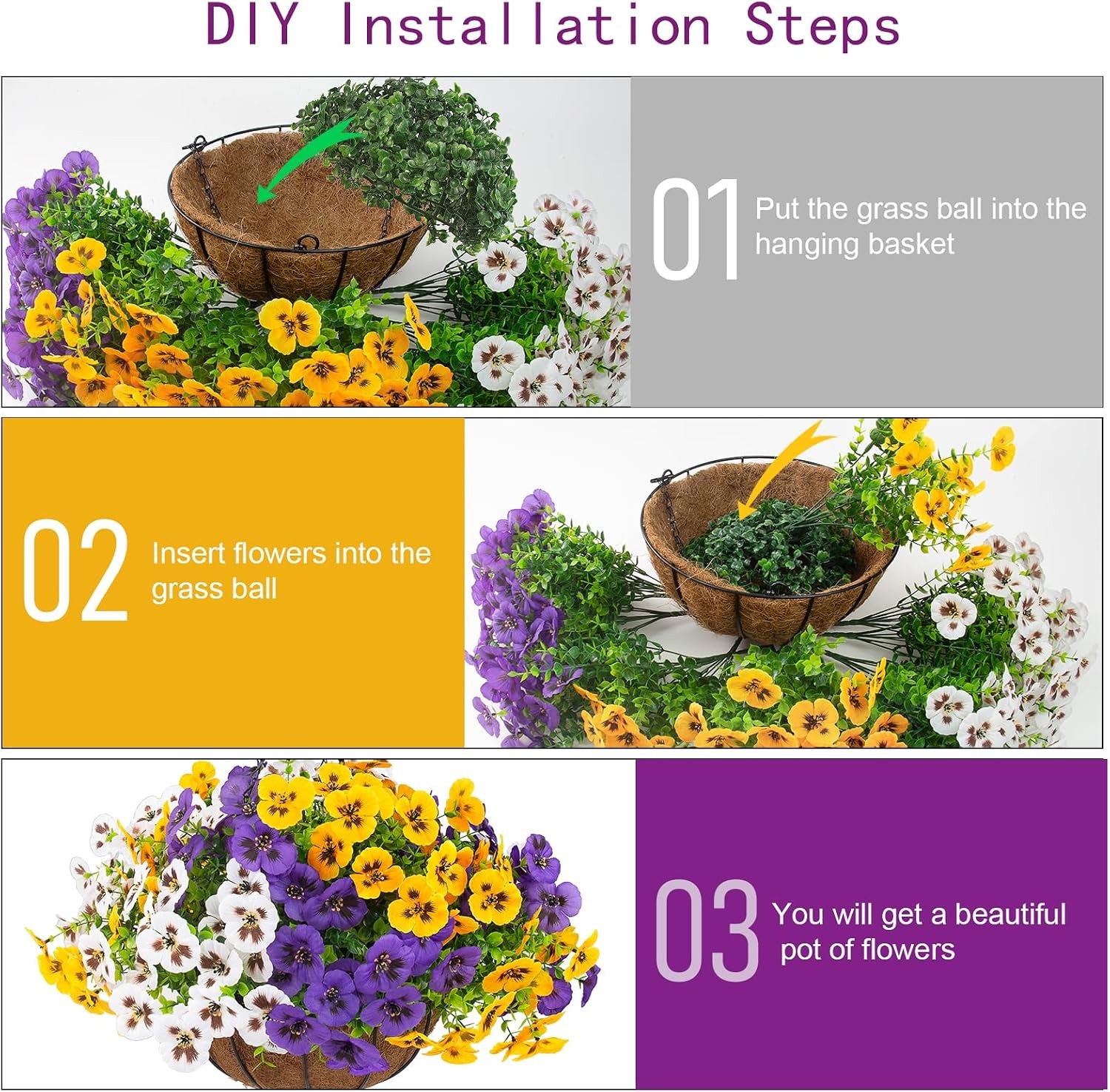 2 Sets Artificial Hanging Pansy Flowers with Baskets 24 Pcs UV Resistant Faux