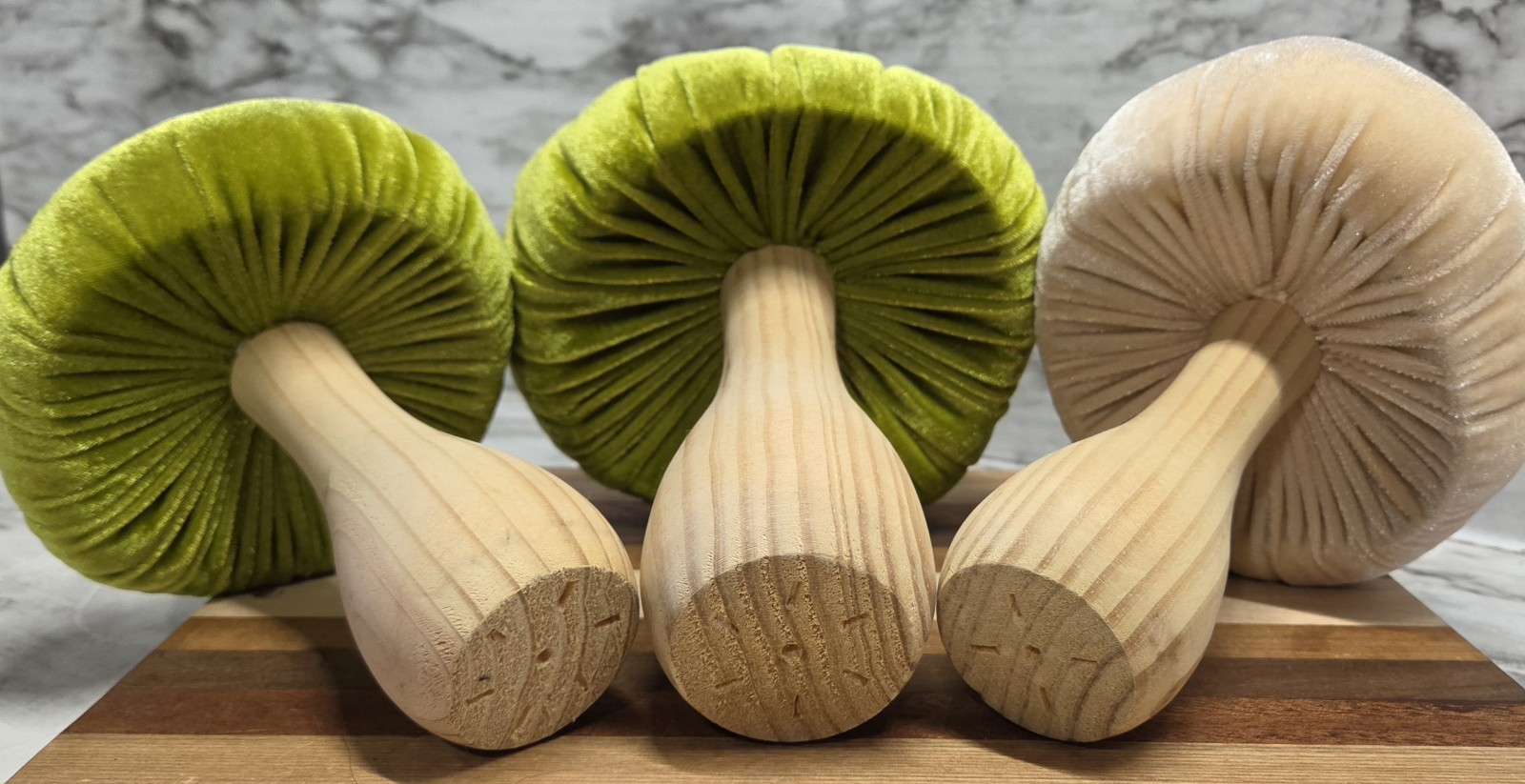 Mushrooms Set Of 3 Cream Green Wood & Velvet 2 Sizes Spring Summer Decor…