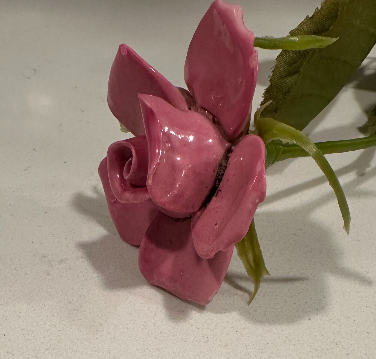 Vtg Porcelain Flower Pink Rose Long Stemmed Plastic Stem Leaves Bone China 12in