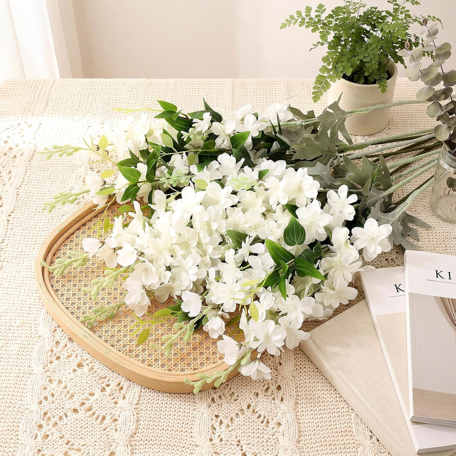 12 Pcs 33.5″ Tall White Delphinium & Clematis Silk Flowers for Home Decor