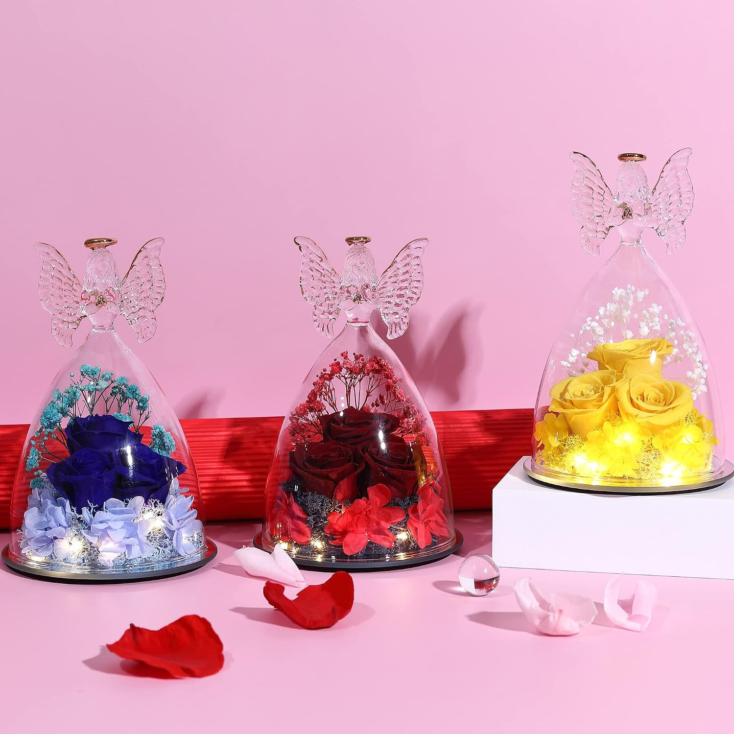 Mothers Day Rose Gifts for Women Preserved Real Flower in Glass Angel Figurines