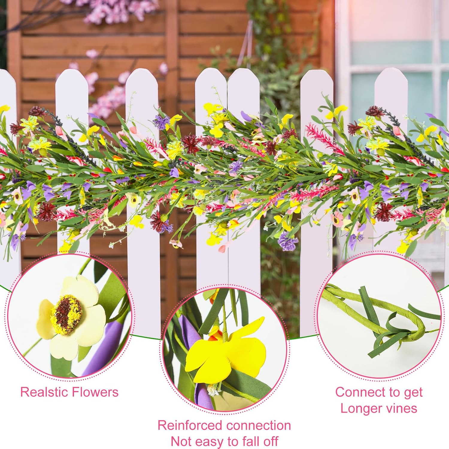 6 Ft Artificial Wildflower Garland, Wisteria Flowers Daisy and Lavender Faux Flo