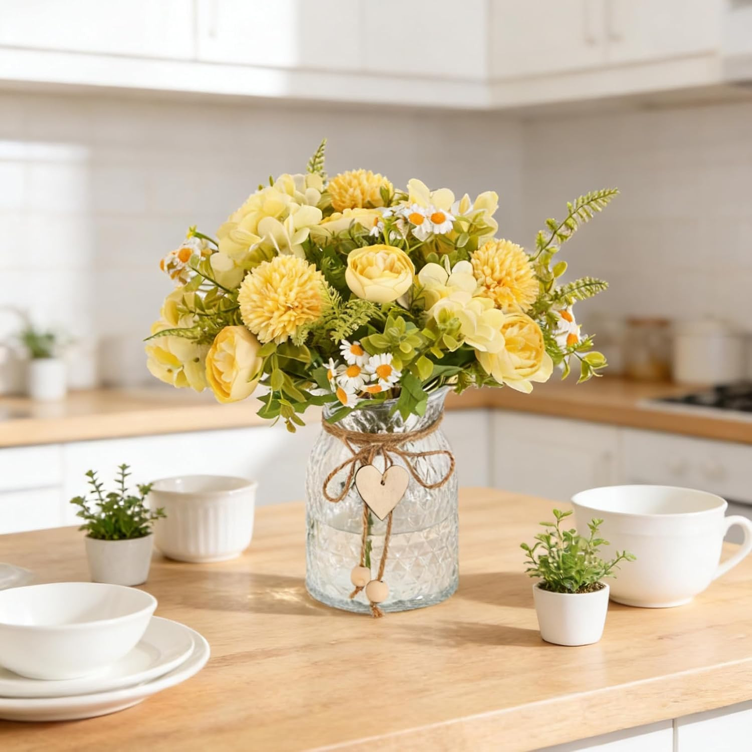 Yellow Faux Flower Arrangement with Vase – Silk Peony & Hydrangeas Centerpiece