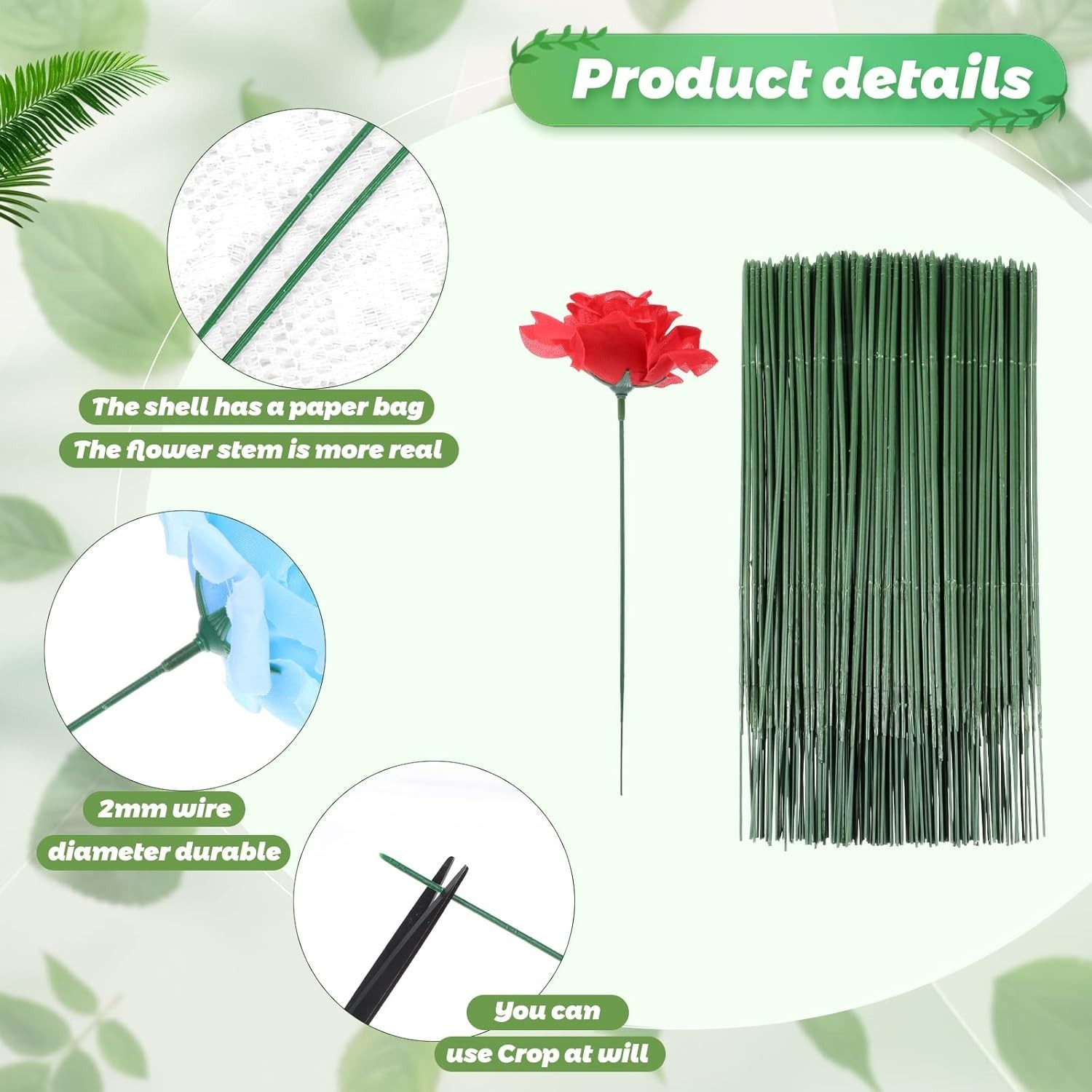 100 Pcs Floral Stem Wire Artificial Flower Rod Green Flower Stems Wire Crafting