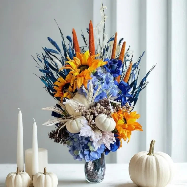 Sunflower Floral Arrangement: Blue Summer & Fall Home Decor, Table Centerpiece
