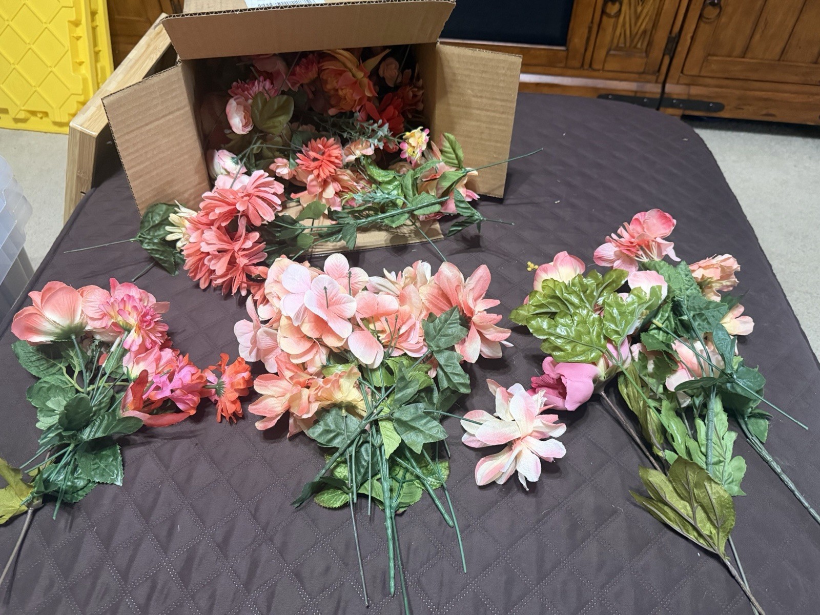 Large Lot / Box of Miscellaneous Artificial Silk Flowers – Bright Coral Shades