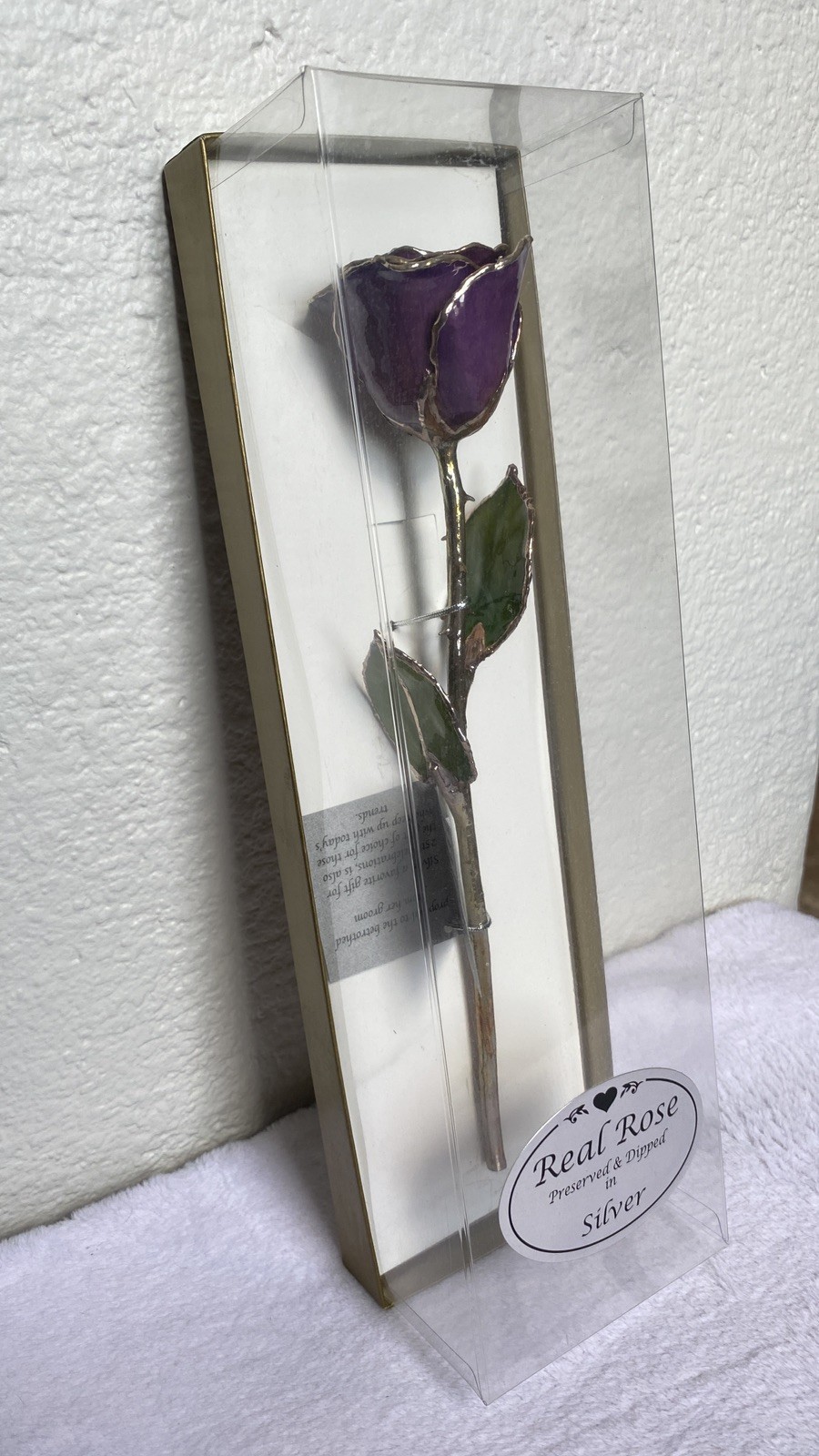 NEW UNOPENED Gift Box Lilac Purple Lacquer Dipped Silver Real Rose Decor