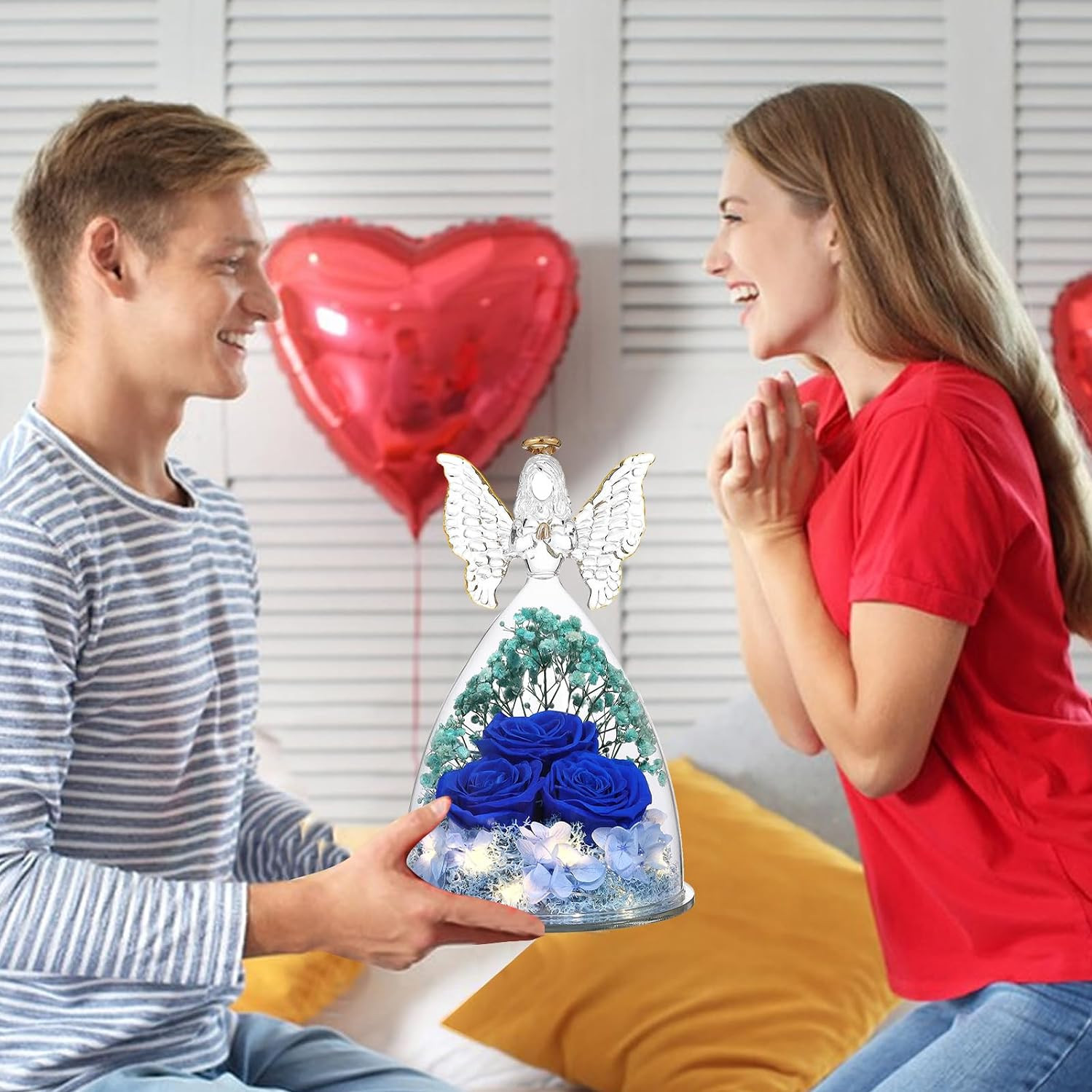 Mothers Day Rose Gifts for Women Preserved Real Flower in Glass Angel Figurines