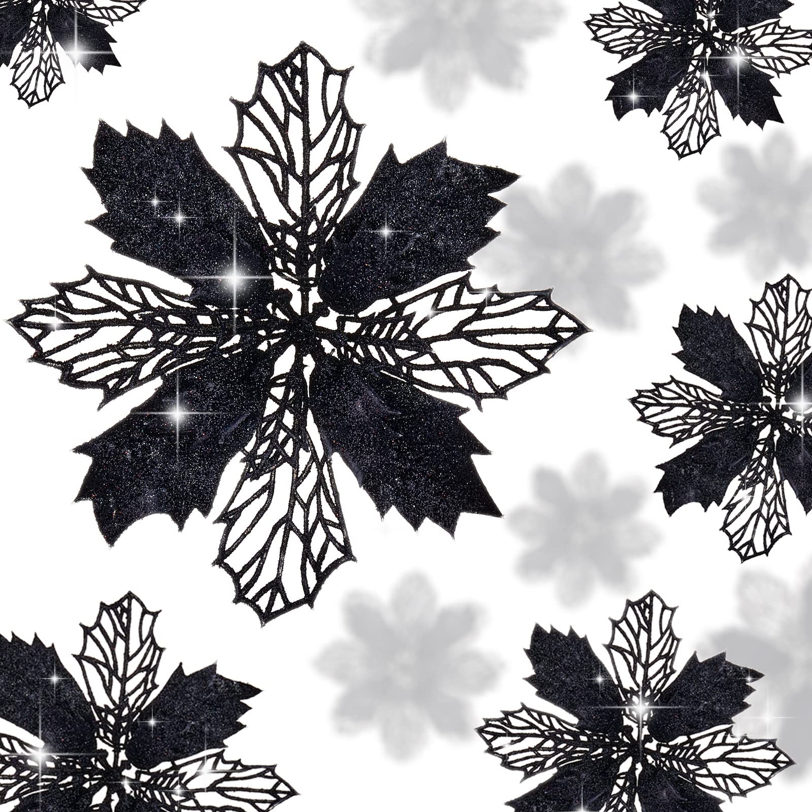 16 PCS Black Glitter Artificial Poinsettia Christmas Tree Flowers Ornaments