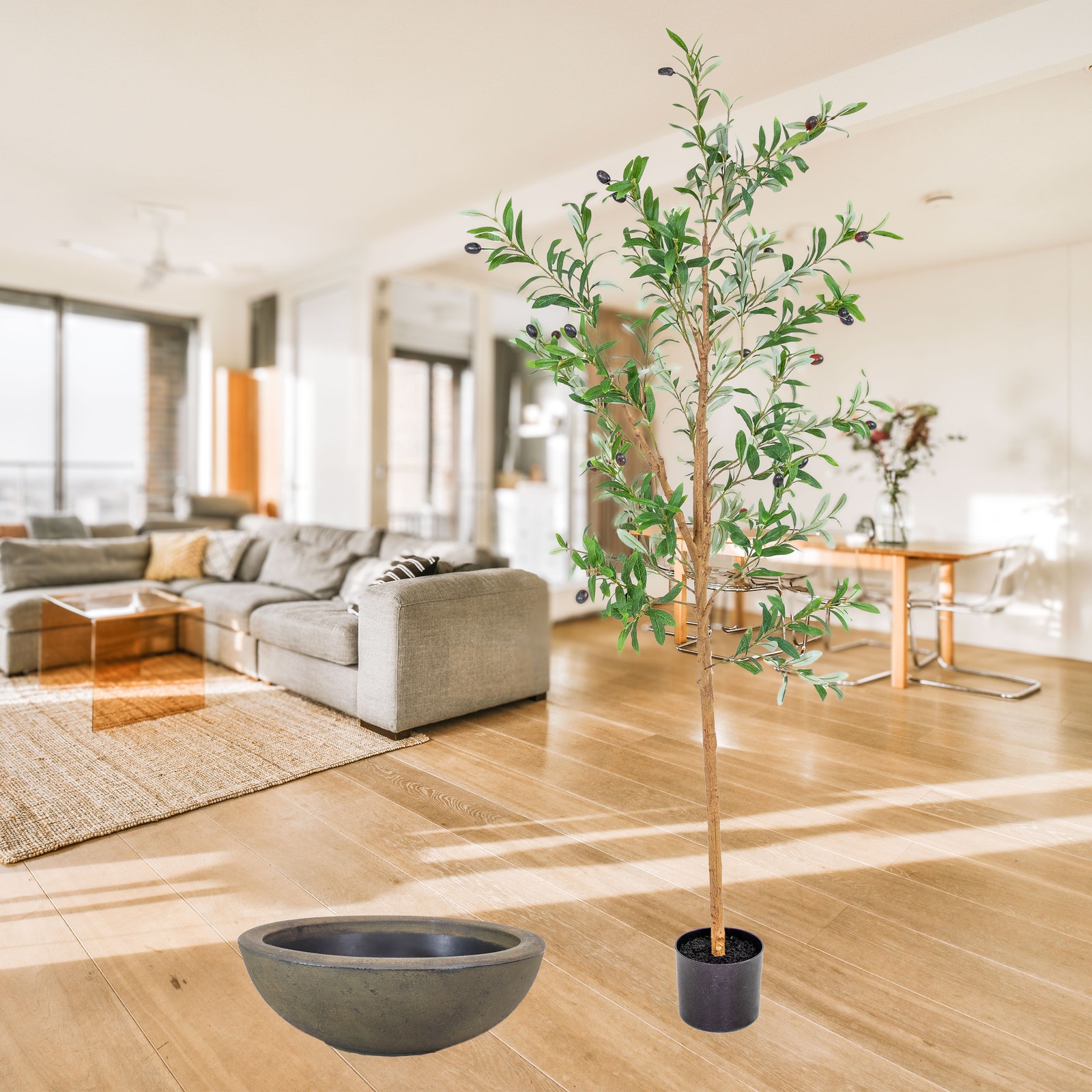 Indoor Artificial Olive Tree with Silk Leaves and Planter – 6 ft by Sunnydaze