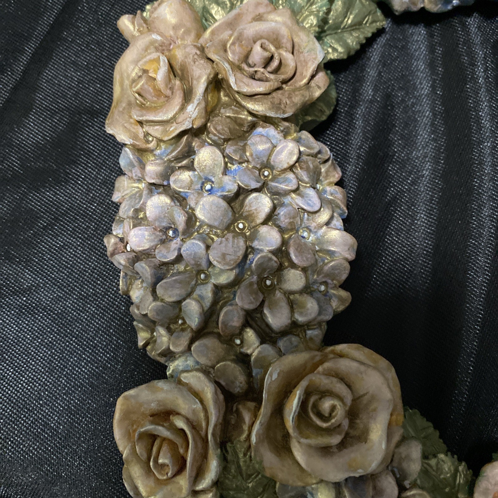 Vintage Resin Rose and Hydrangea Heart Wreath Custom Soft Muted Pastels, Guilted