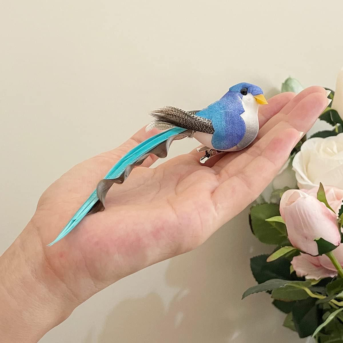 6pcs Clip on Artificial Simulation Foam Birds Feather Long Tail Feather Fake Bir