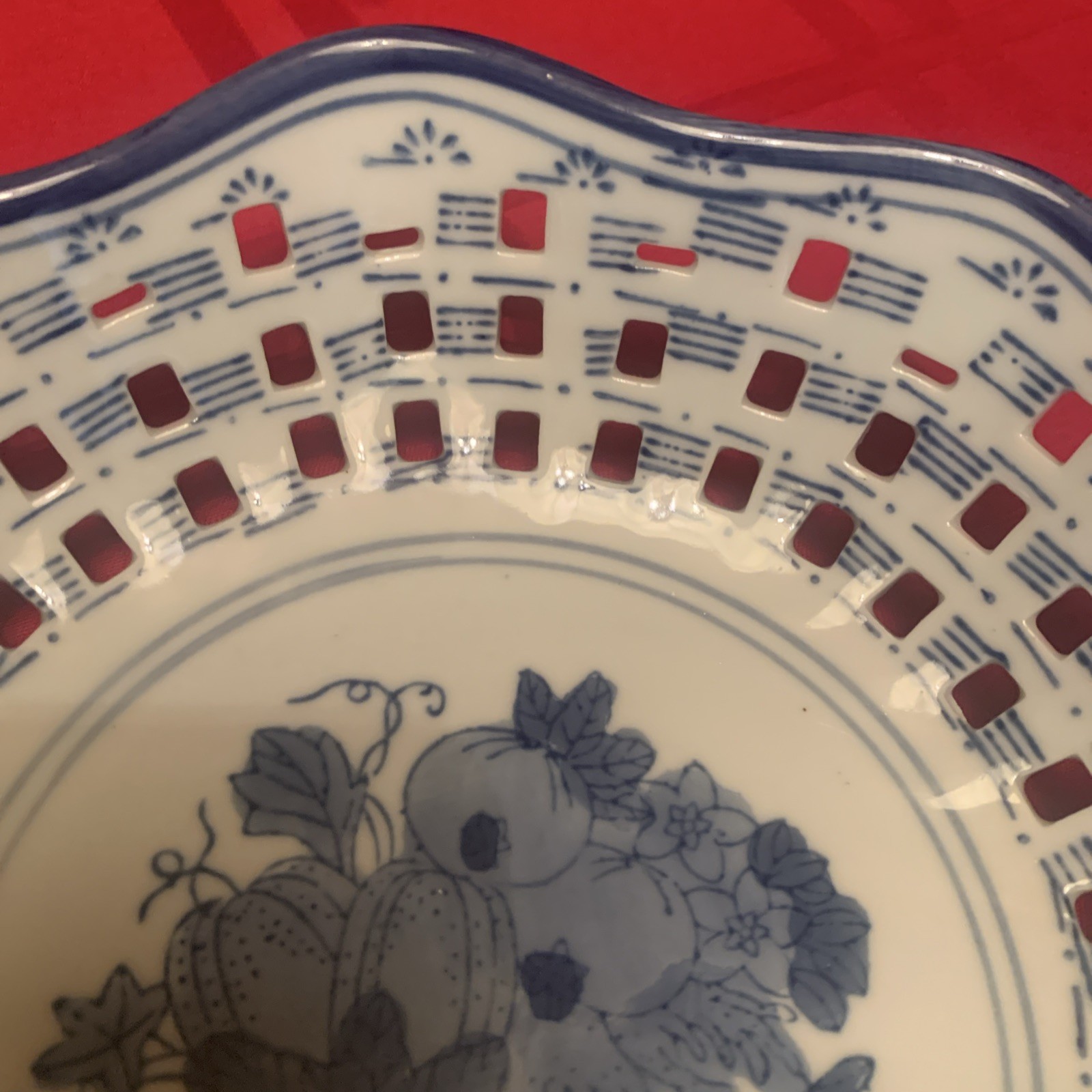 Ceramic Basketweave Fruit And Bread Bowl, Blue and White, Lattice Cut China 7.5″
