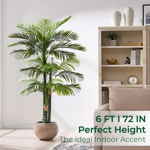 6FT Tall Triple Golden Cane Palm Tree (1 Pack), Large Faux Plants, UV Resista…