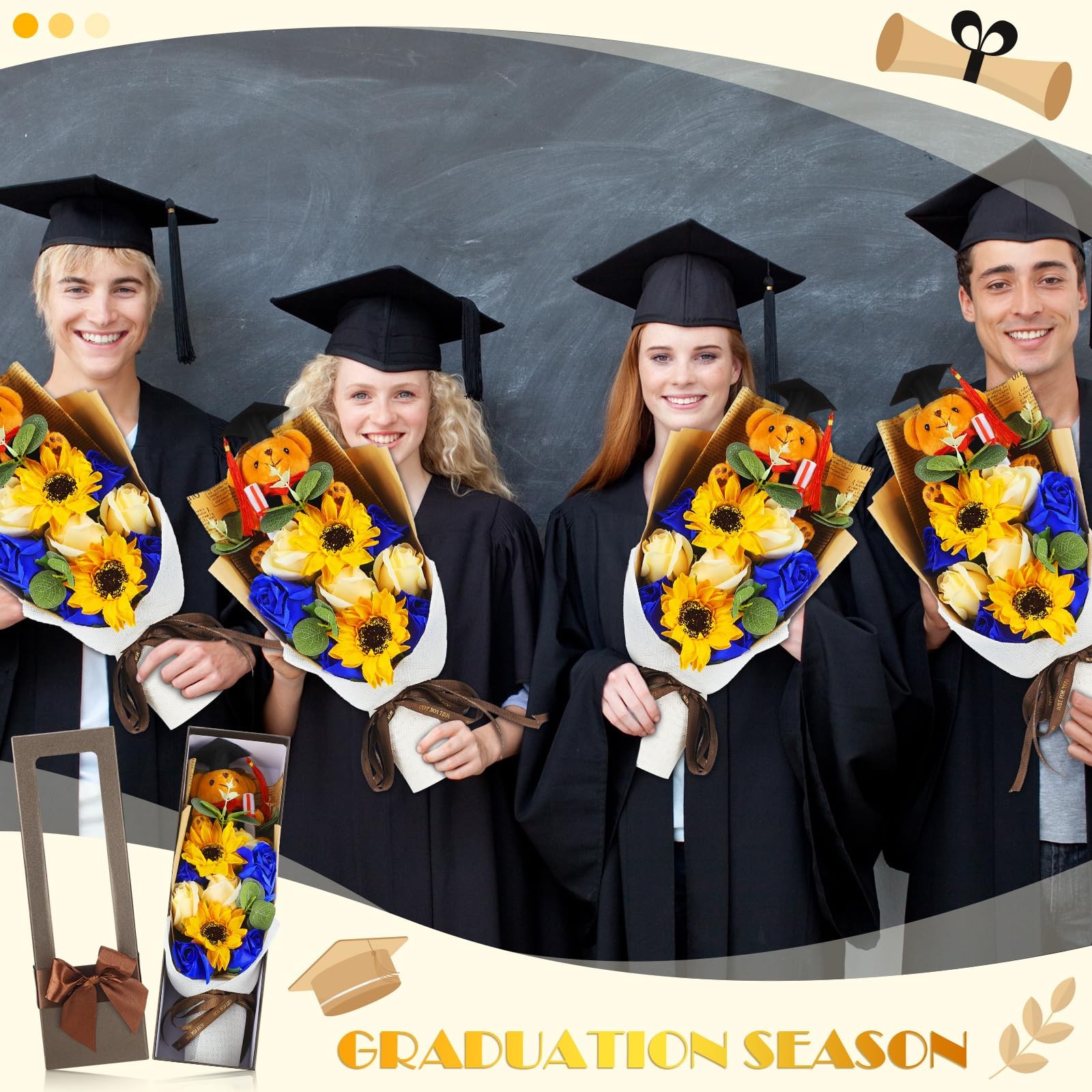 13″ Blue Graduation Rose Sunflower Scented Soap Flower Bouquet Plush Bear
