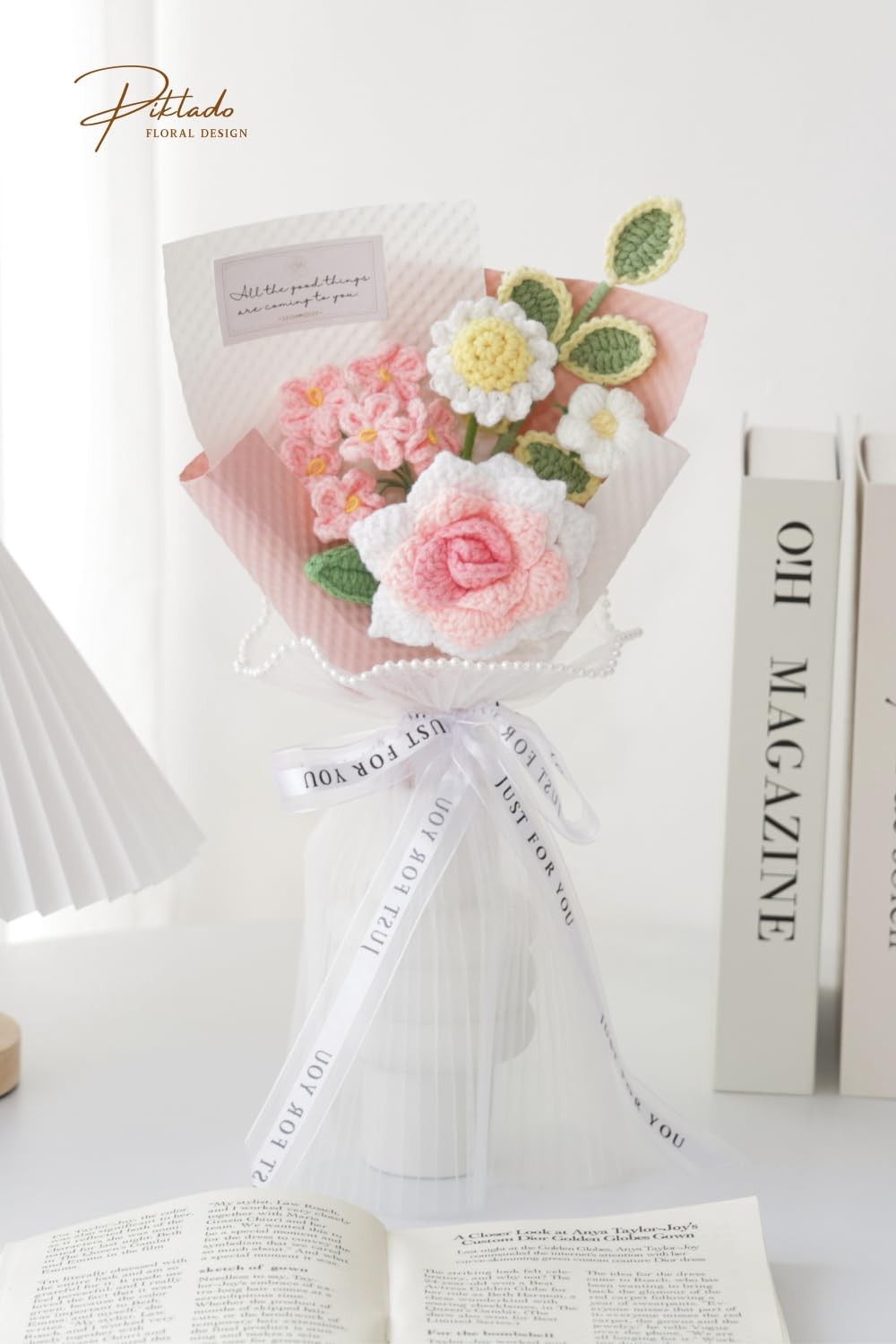 Piklado Handmade Crochet Pink Rose Daisy Bouquet for Family & Friends Finishe…