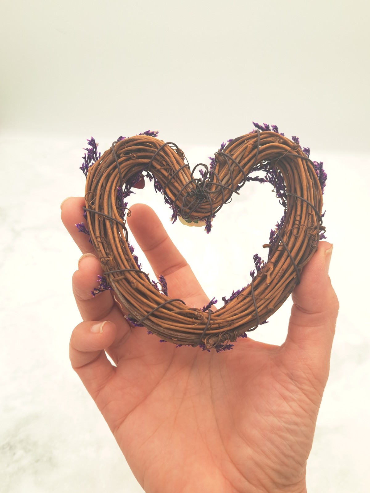 Handmade Grapevine Heart Dried Flower Arrangement – Purple Caspia & Mini Roses