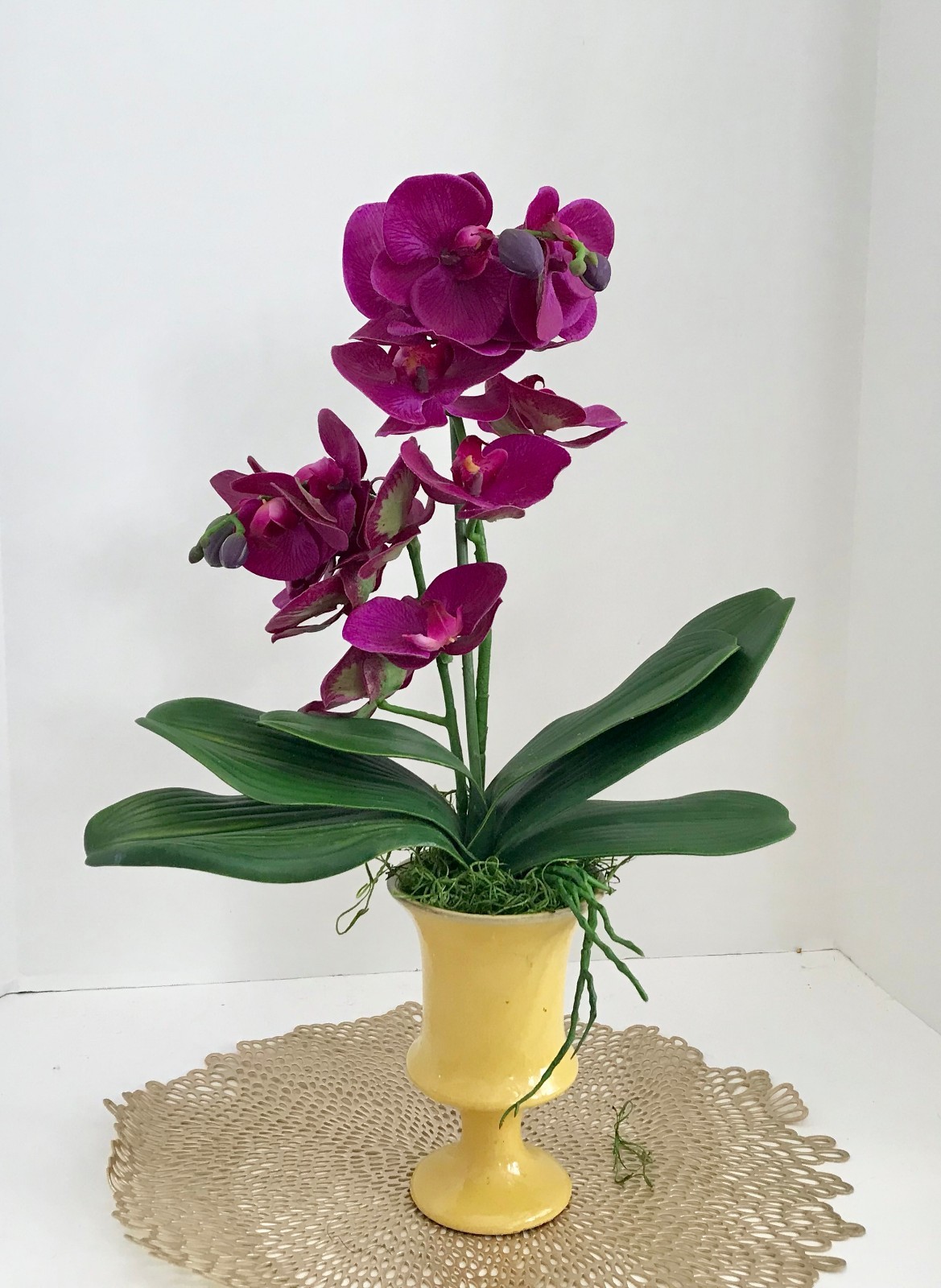 Silk Floral Arrangement with White Purple Silk Orchids, in a Yellow Art Deco Vas