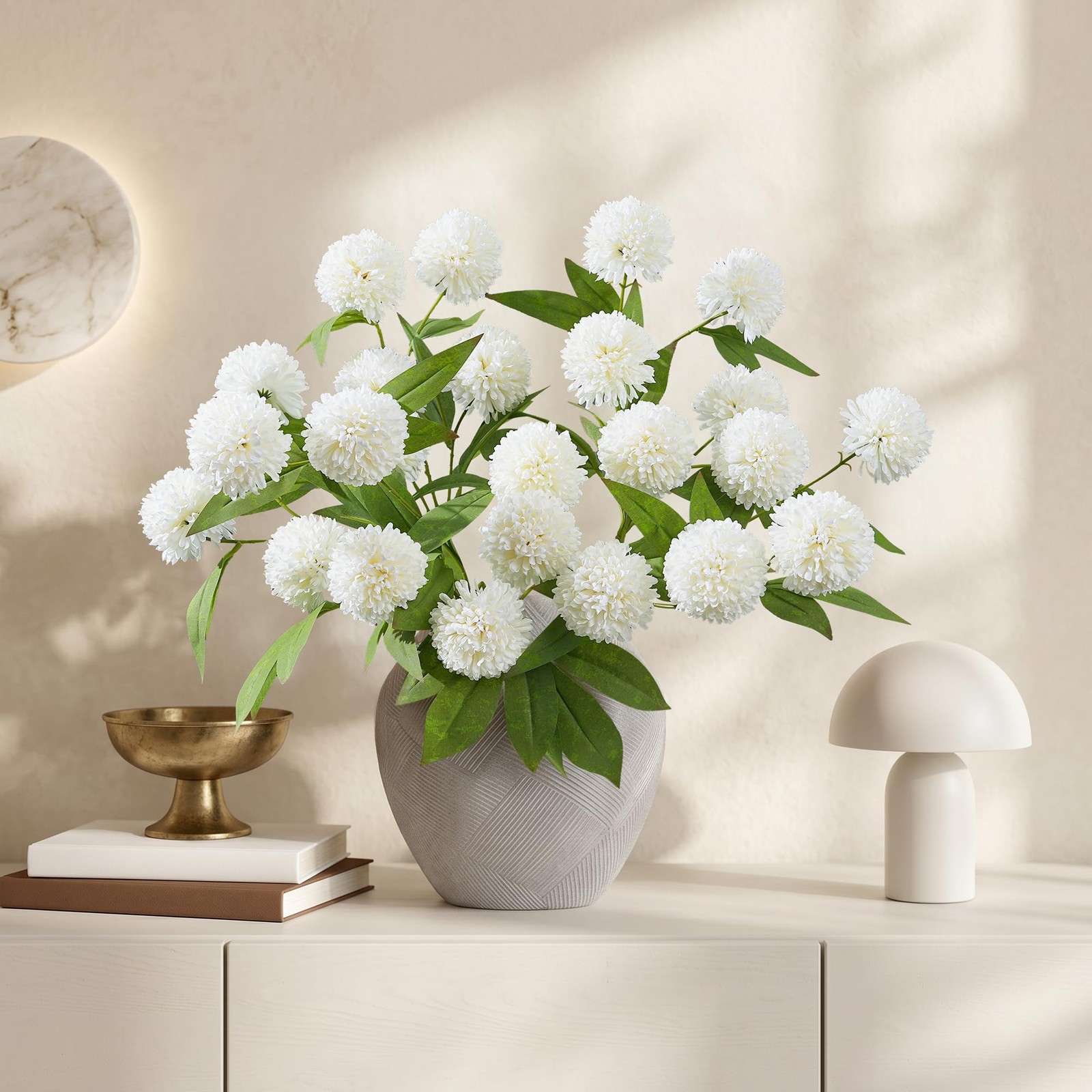 6 PCS 27 Inch Faux Silk Artificial Pompon Mum Flowers Branches Cream White
