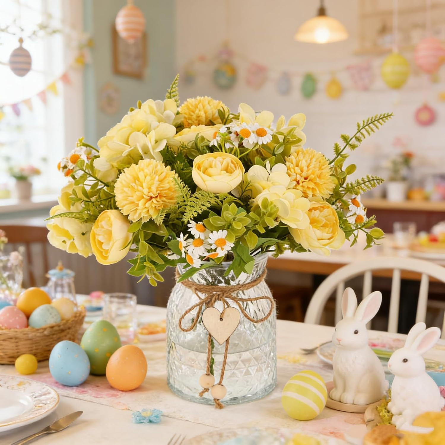Yellow Faux Flower Arrangement with Vase – Silk Peony & Hydrangeas Centerpiece