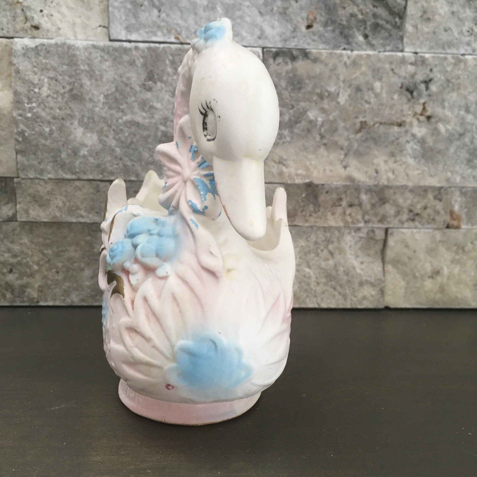 Vintage Mid Century Swan Planter Pink And Blue Gold Gilt Anthropomorphic Planter