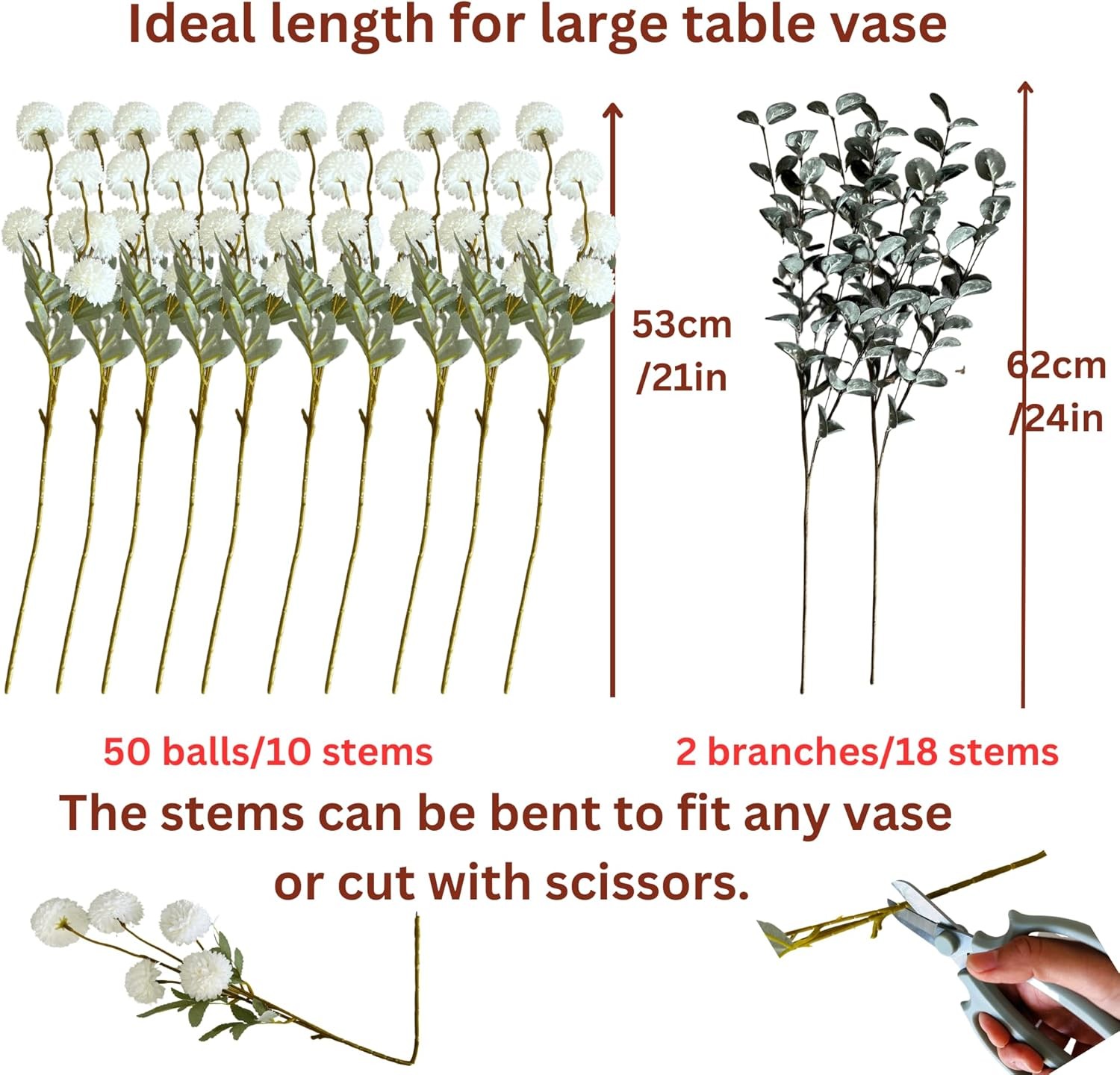 White Faux Flowers for Vase – Kiku 10 Stems & Eucalyptus, Fake Flowers Stems