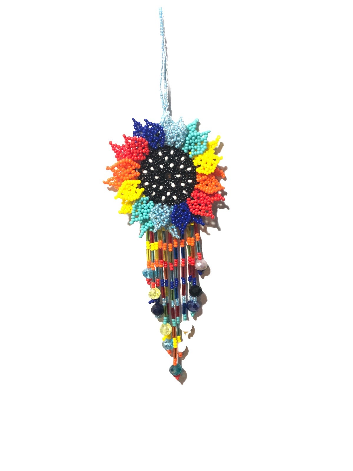 Hand Made Beaded Colorful Mexican Sunflower 5” Seed Bead Dangle Charm Ornament.