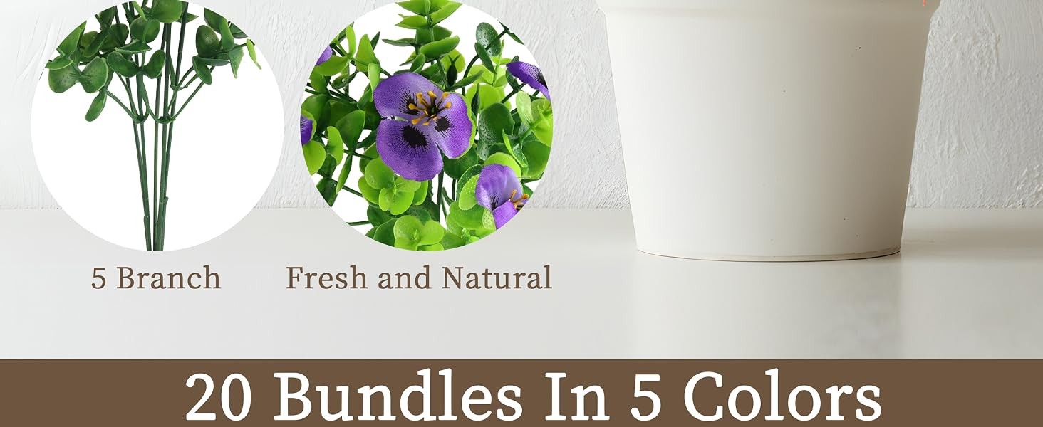 20 Bundles Artificial Fake Pansy Flowers for Outdoor | Yellow, White, Purple,