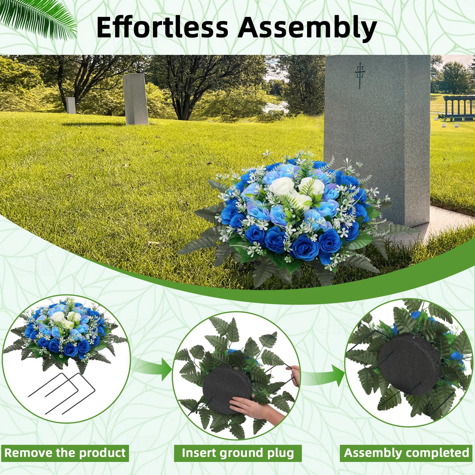Artificial Cemetery Flowers Blue Silk Memorial Rose Headstone Grave Decor