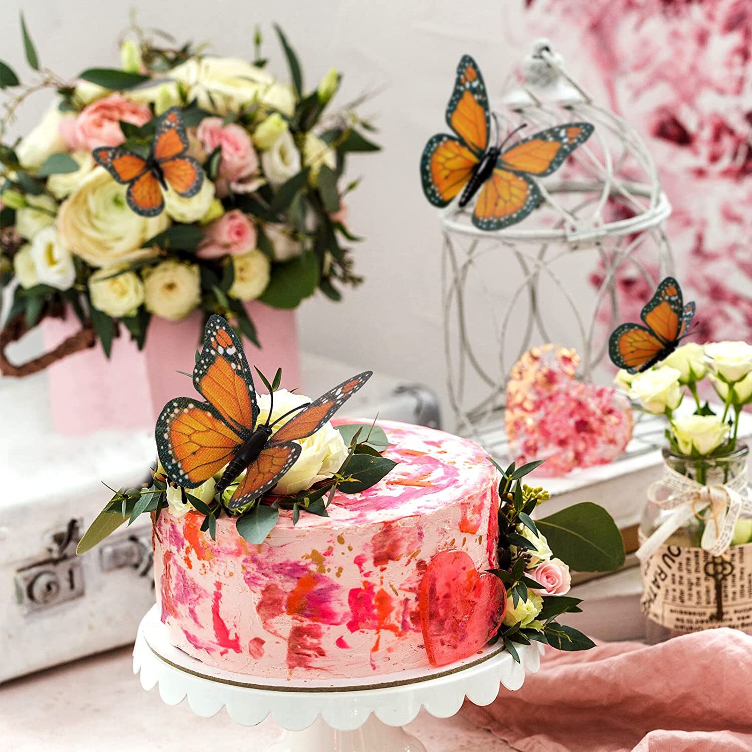 Chuangdi 48 Pack Monarch Butterfly Decoration 3Size Fake Artificial Craft Orange