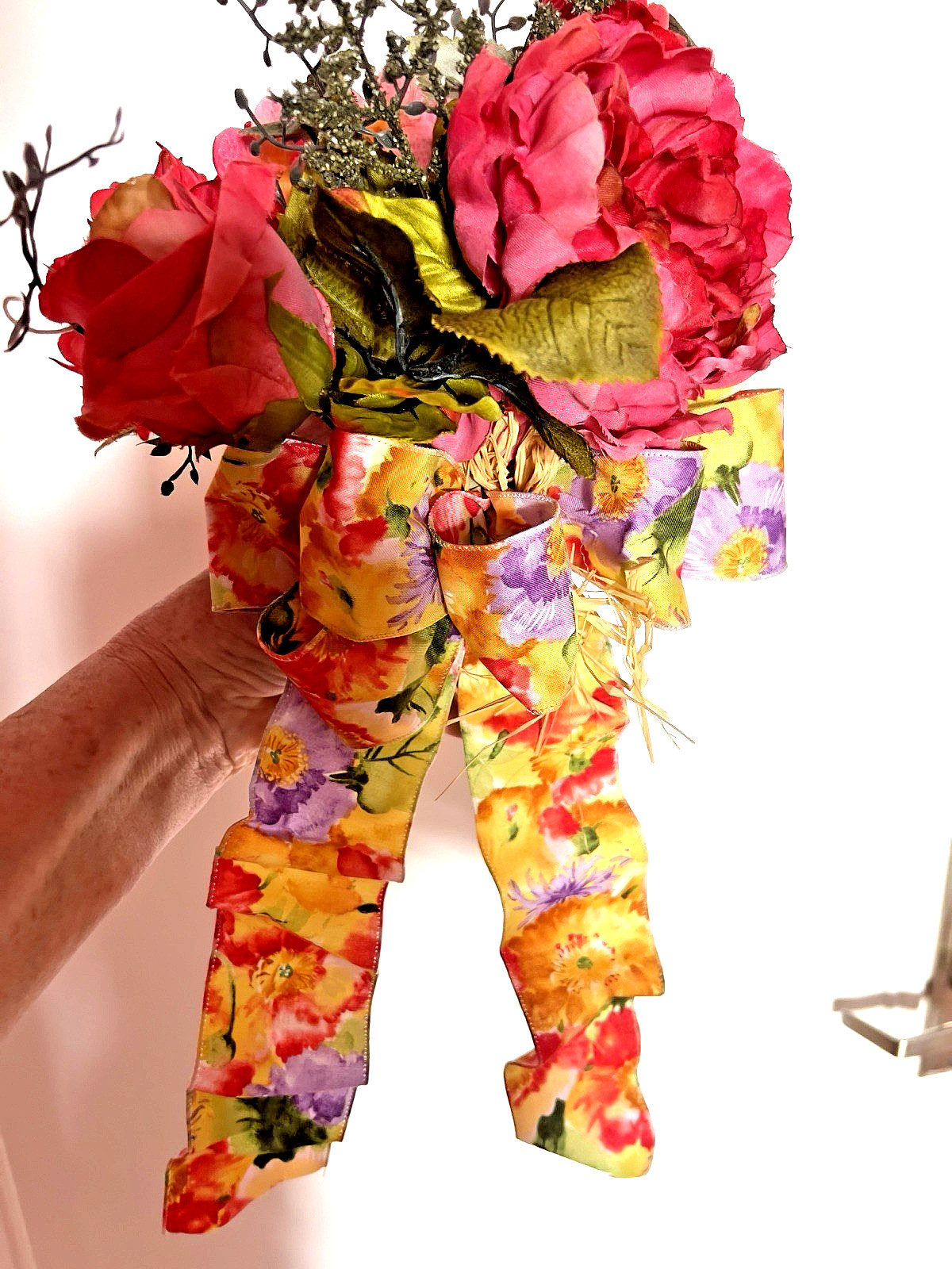 SPRING Flower BOUQUET Handmade Bow Coral Red Yellow Purple Peony Rose Zinnia