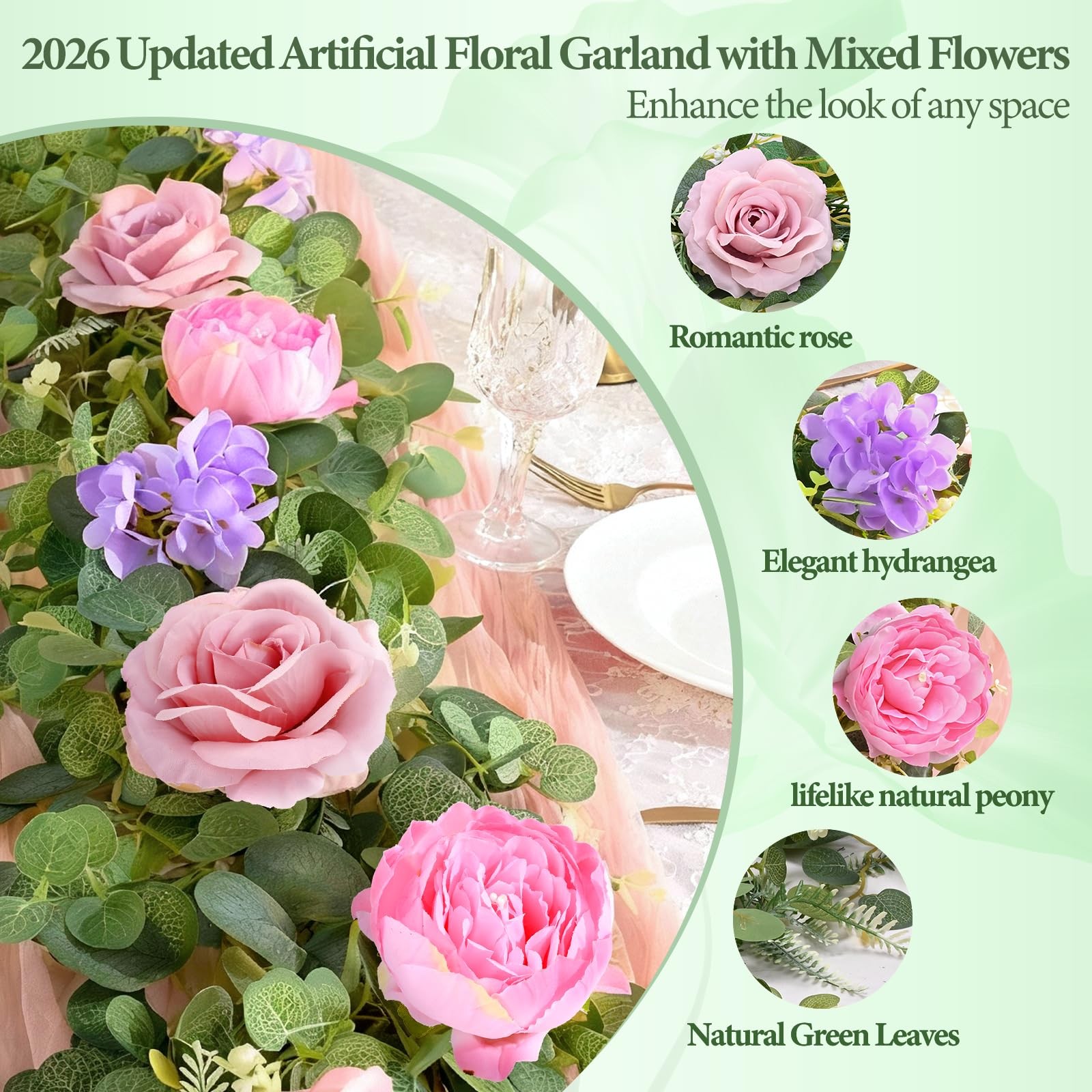 Livole 6 FT Artificial Flower Garland Real Touch Fake Pink Floral Rose Peony …