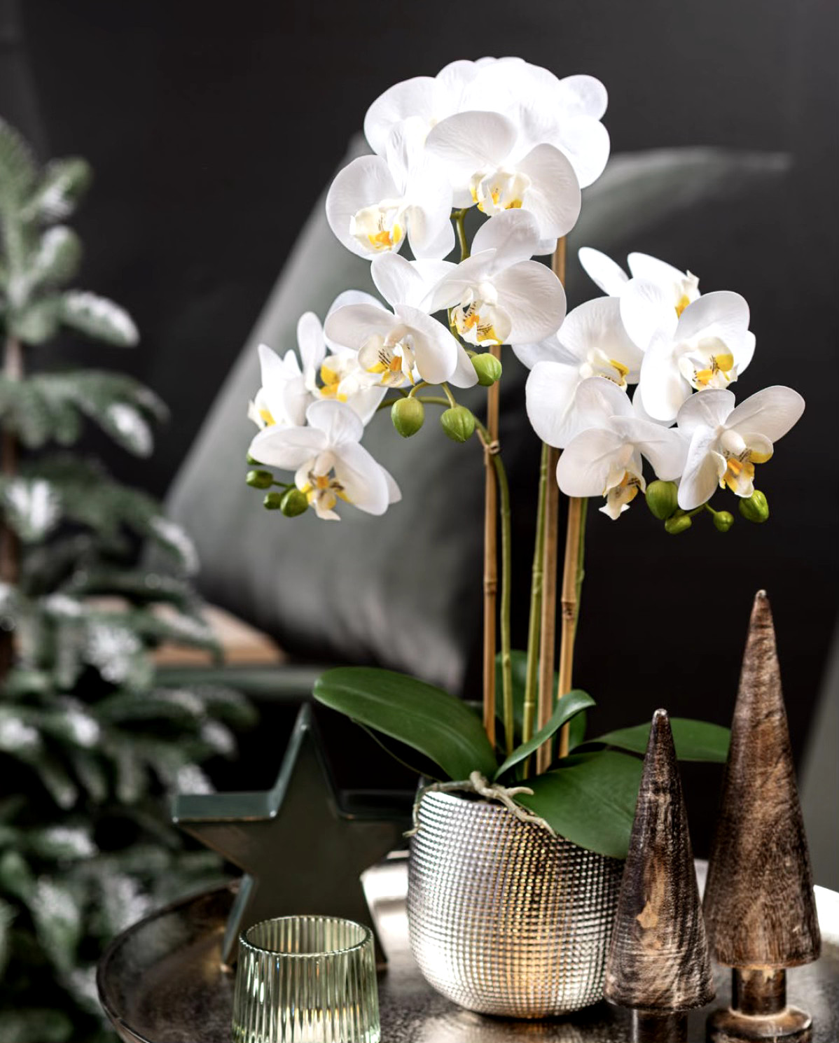 Artificial Flower Arrangement White Phalaenopsis Orchid in Silver Ceramic Vase