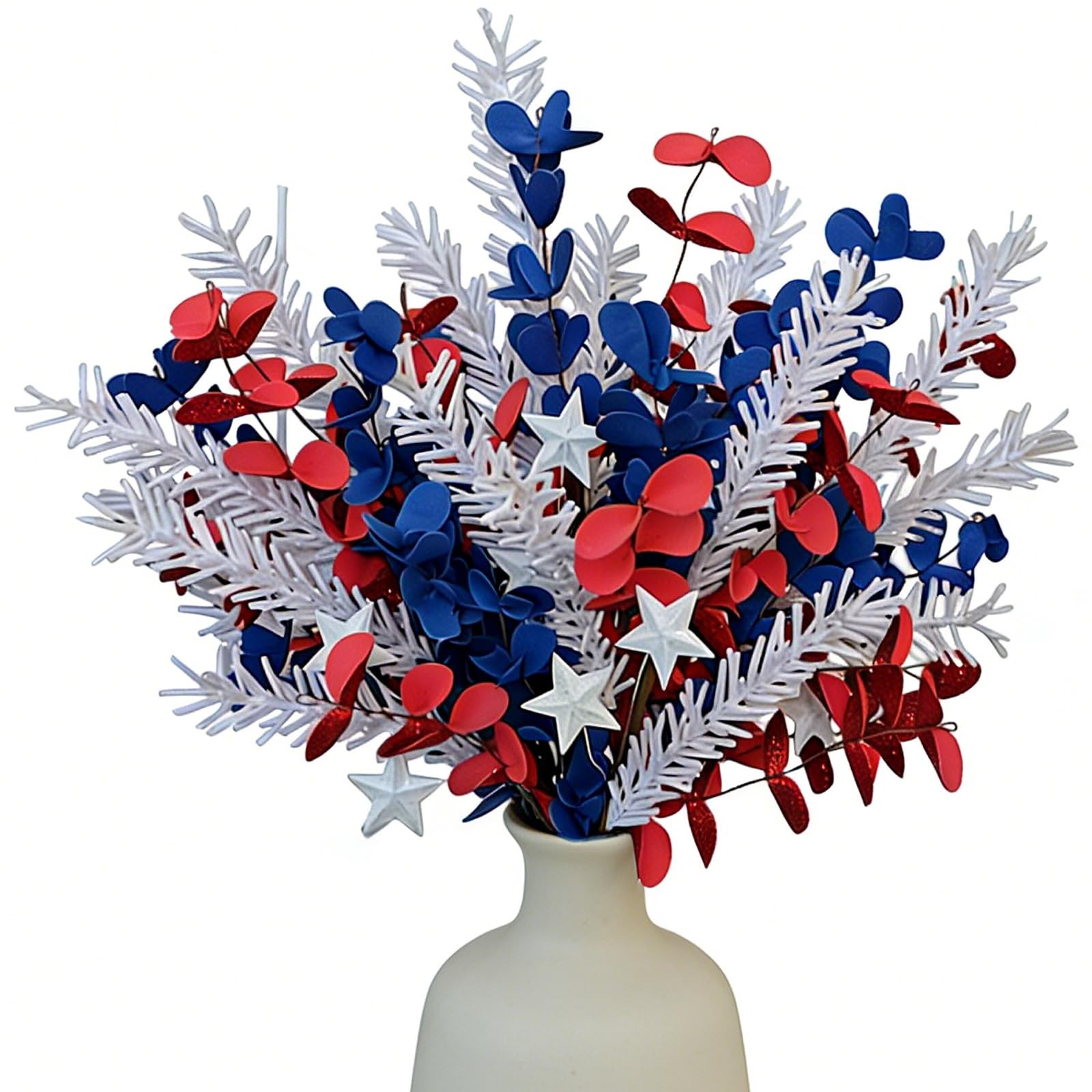 6 Pcs Patriotic Decor Stems with Red Blue PE Flowers, White PE Tassels & 2 St…