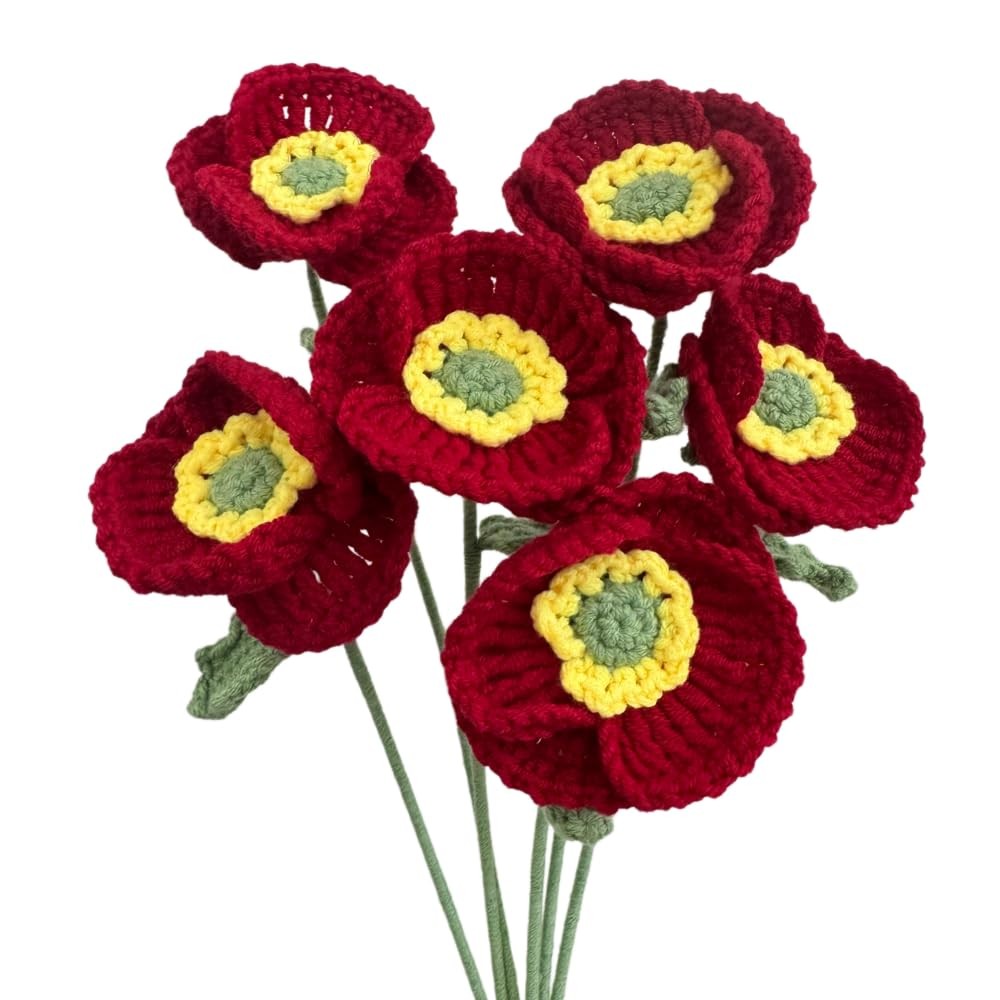 Poppies Flowers Artificial 6 Pieces,14.5in Fake Poppy Crochet Flower,Knitted …