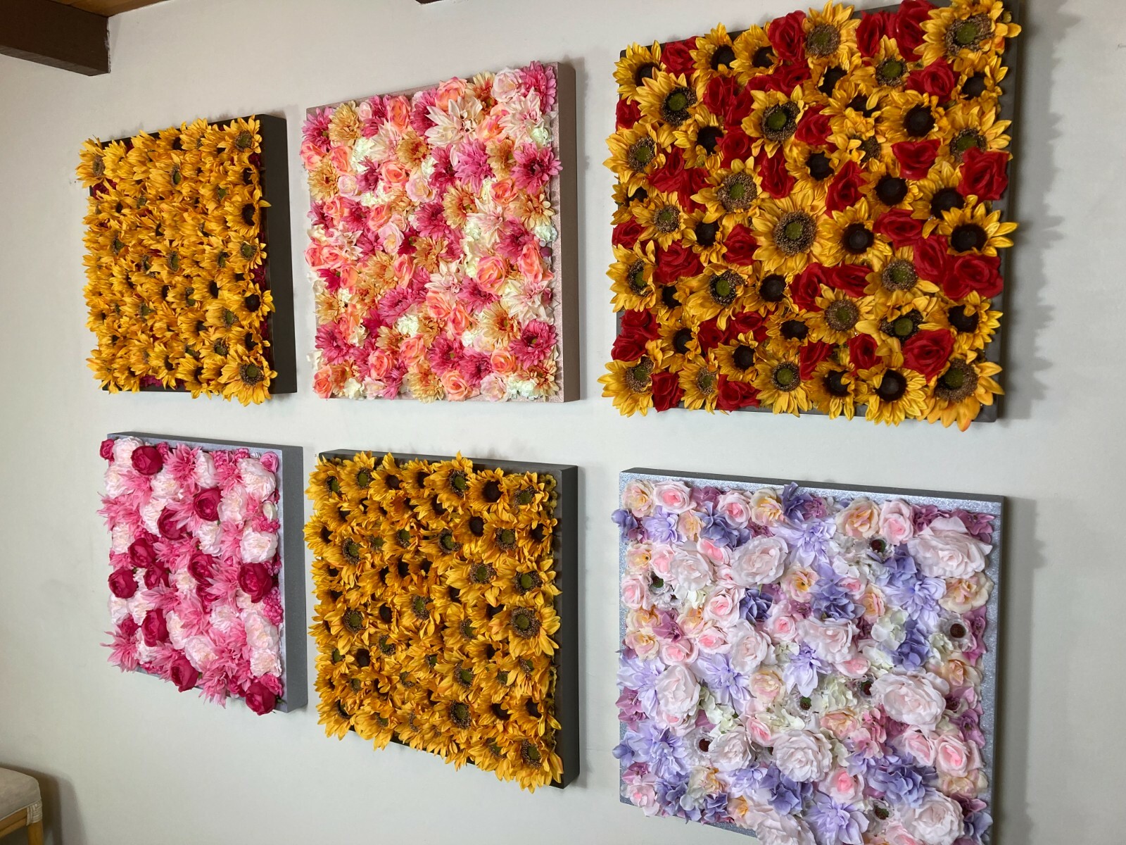 24″x24″ Sunflowers & small yellow Silk flowers Brown Frame Original Artwork