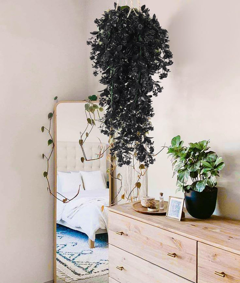 2Pcs Artificial Black Hanging Flowers for Outdoors Decoration Fake Hanging Plant