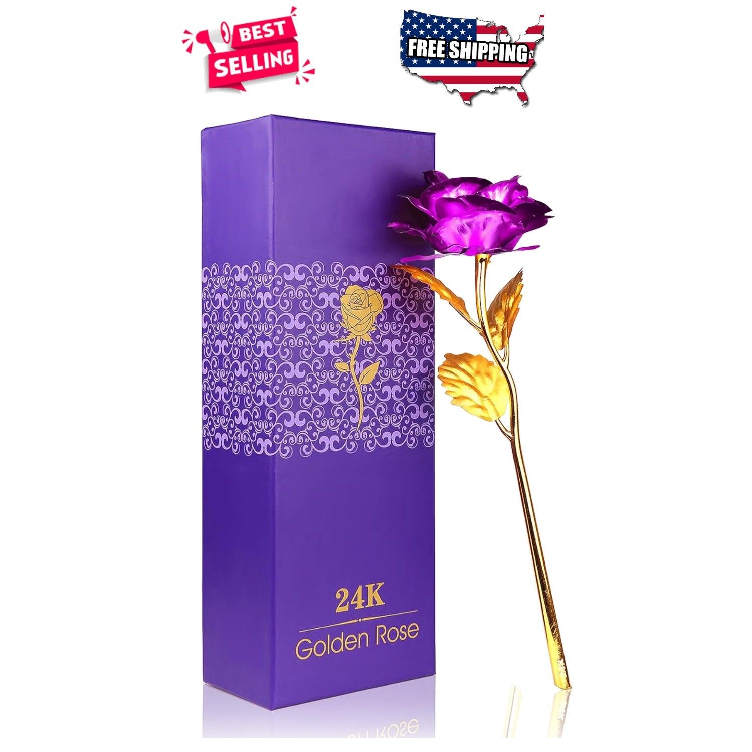 24K Gold Artificial Rose Purple Keepsake Gift Box Home Decor for Valentine’s Day