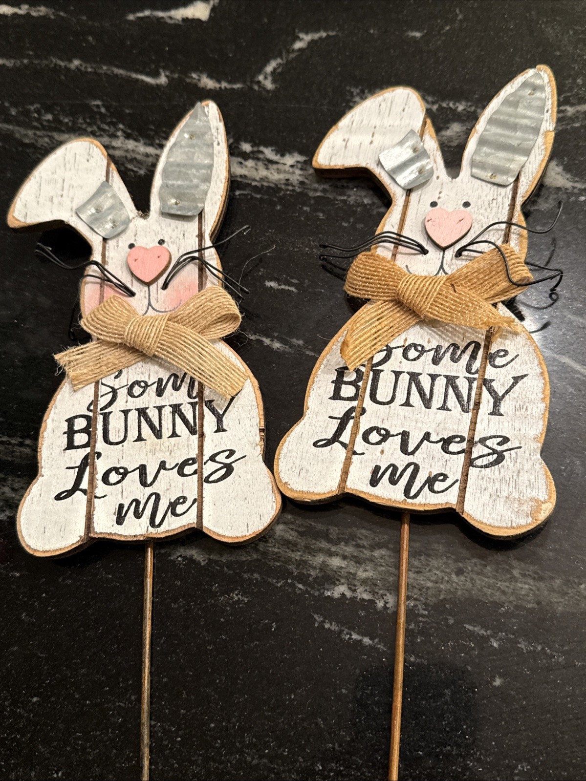 Set 2 Bunny Pick & Easter Some Bunny Loves Me Wood Floral Pick Bunny 14”
