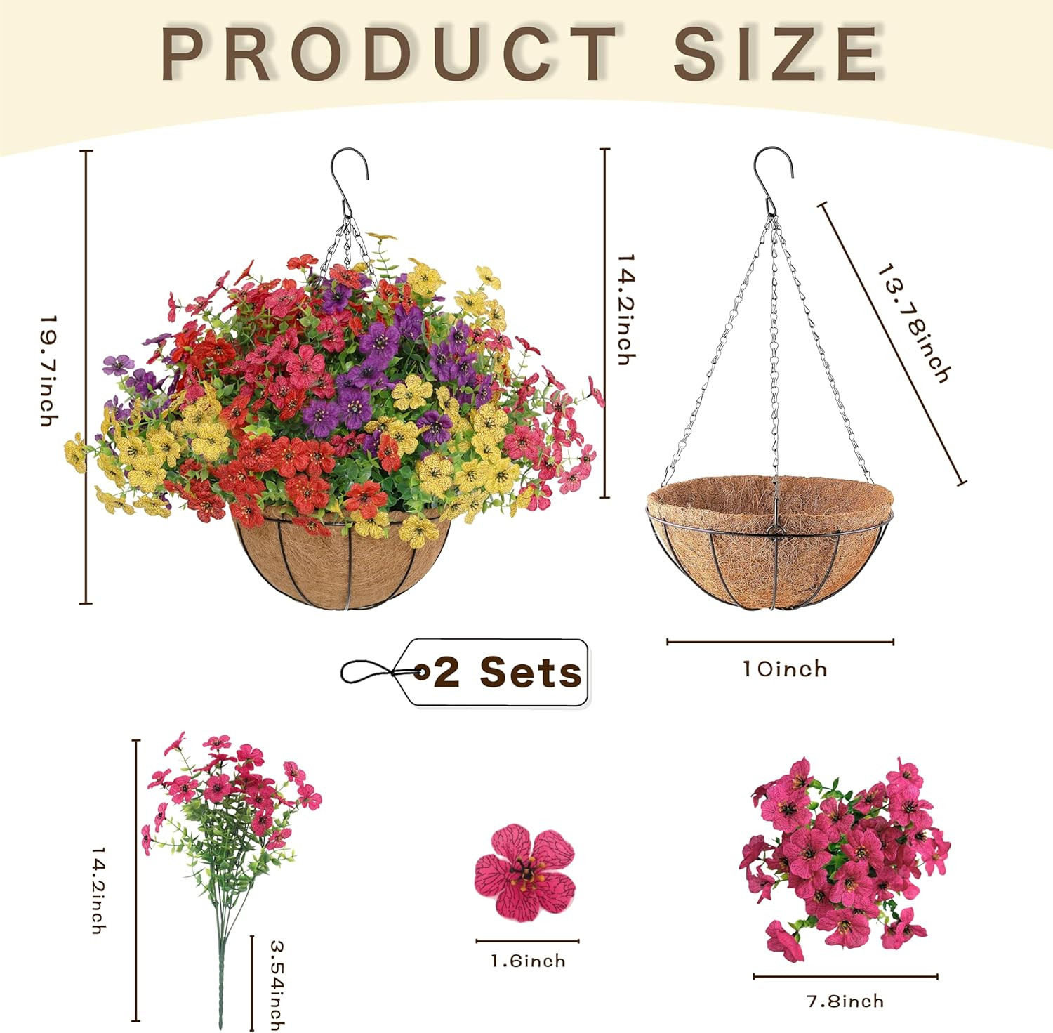 UV Resistant 2 Set Faux Hanging Flowers with Basket for Outdoor Decor