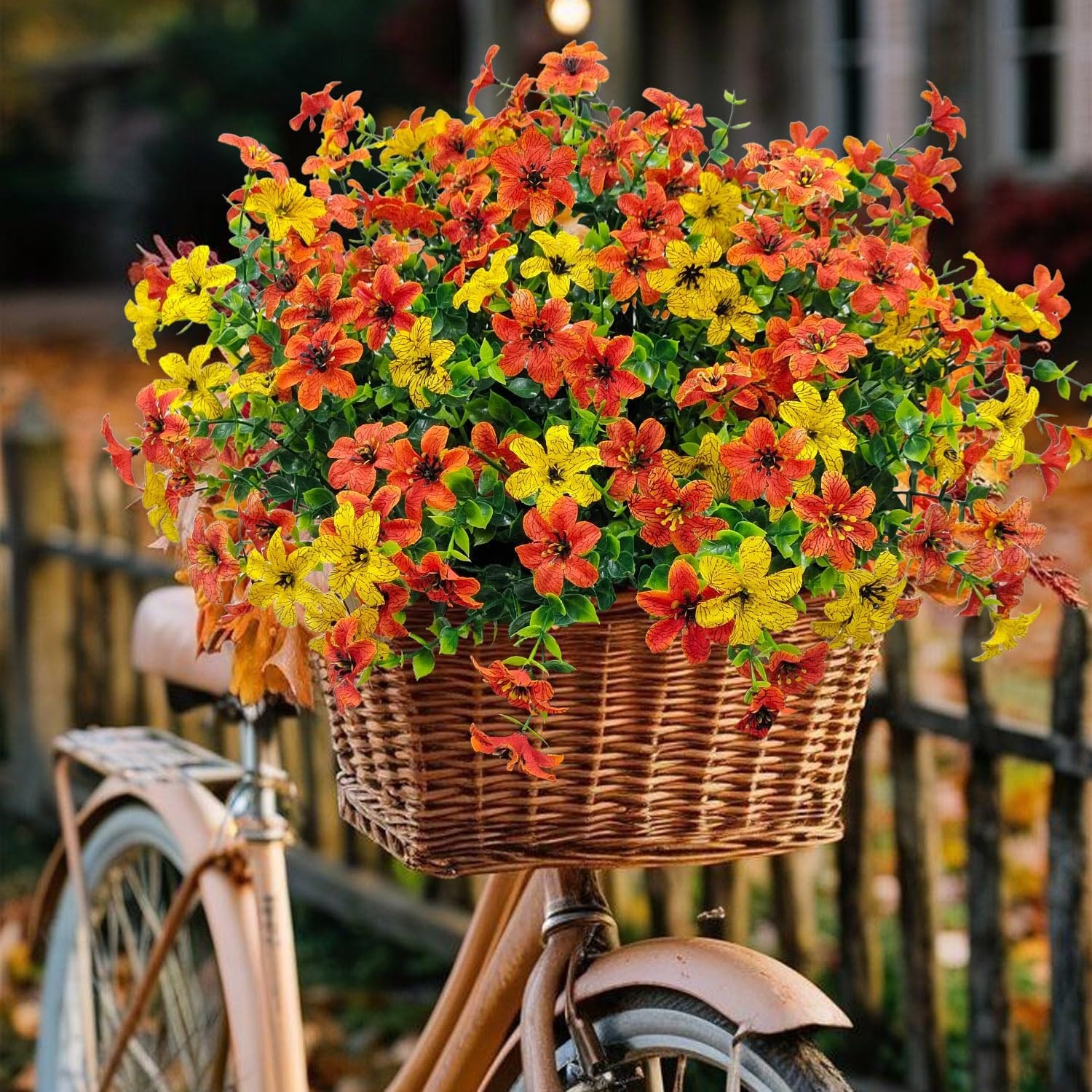 12 Bundles Faux Fall Flowers Artificial Mums for Outdoors (Orange+Yellow)