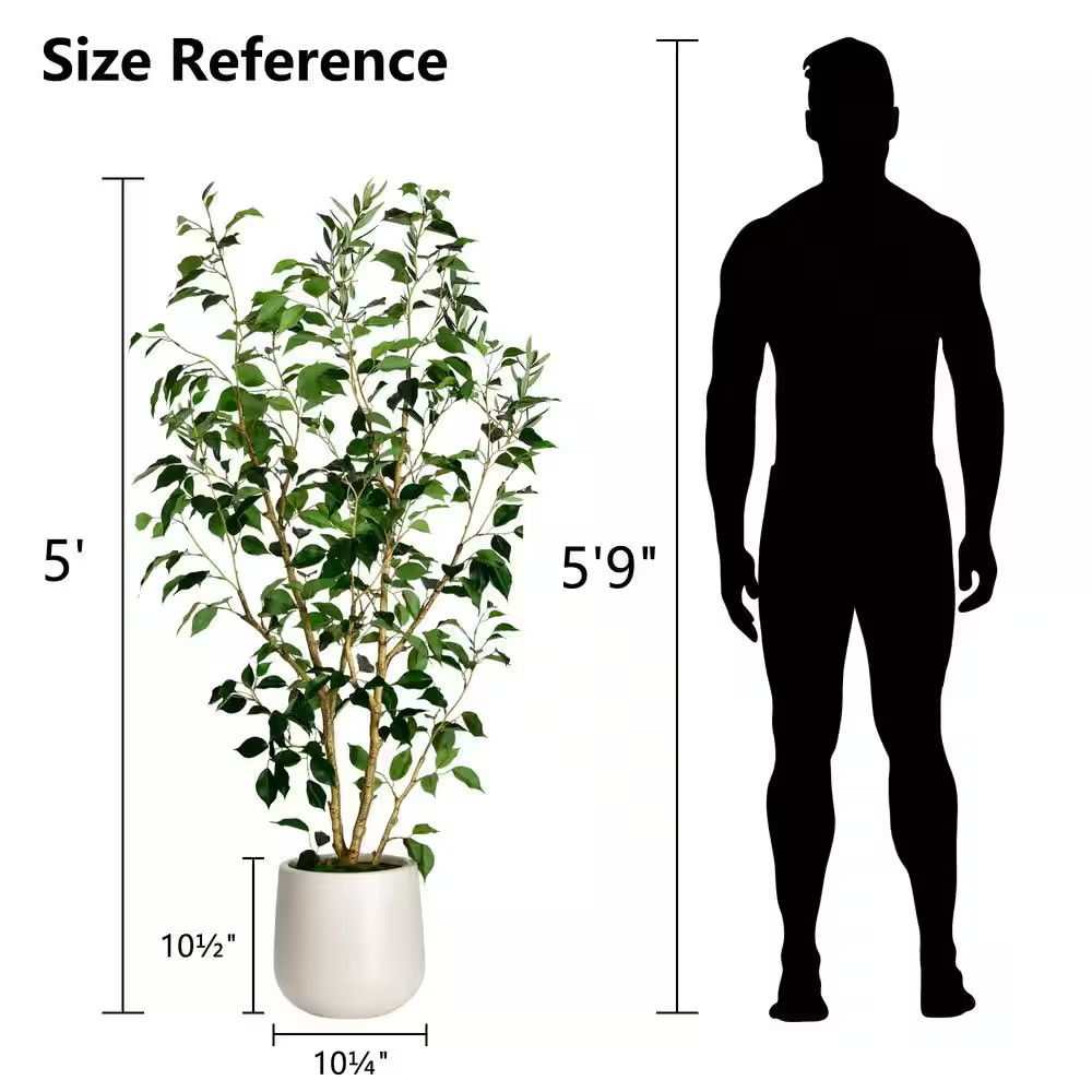 5 Ft. Artificial Ficus Tree in White Decor Pot, Faux Green Plant Indoor Home Dec